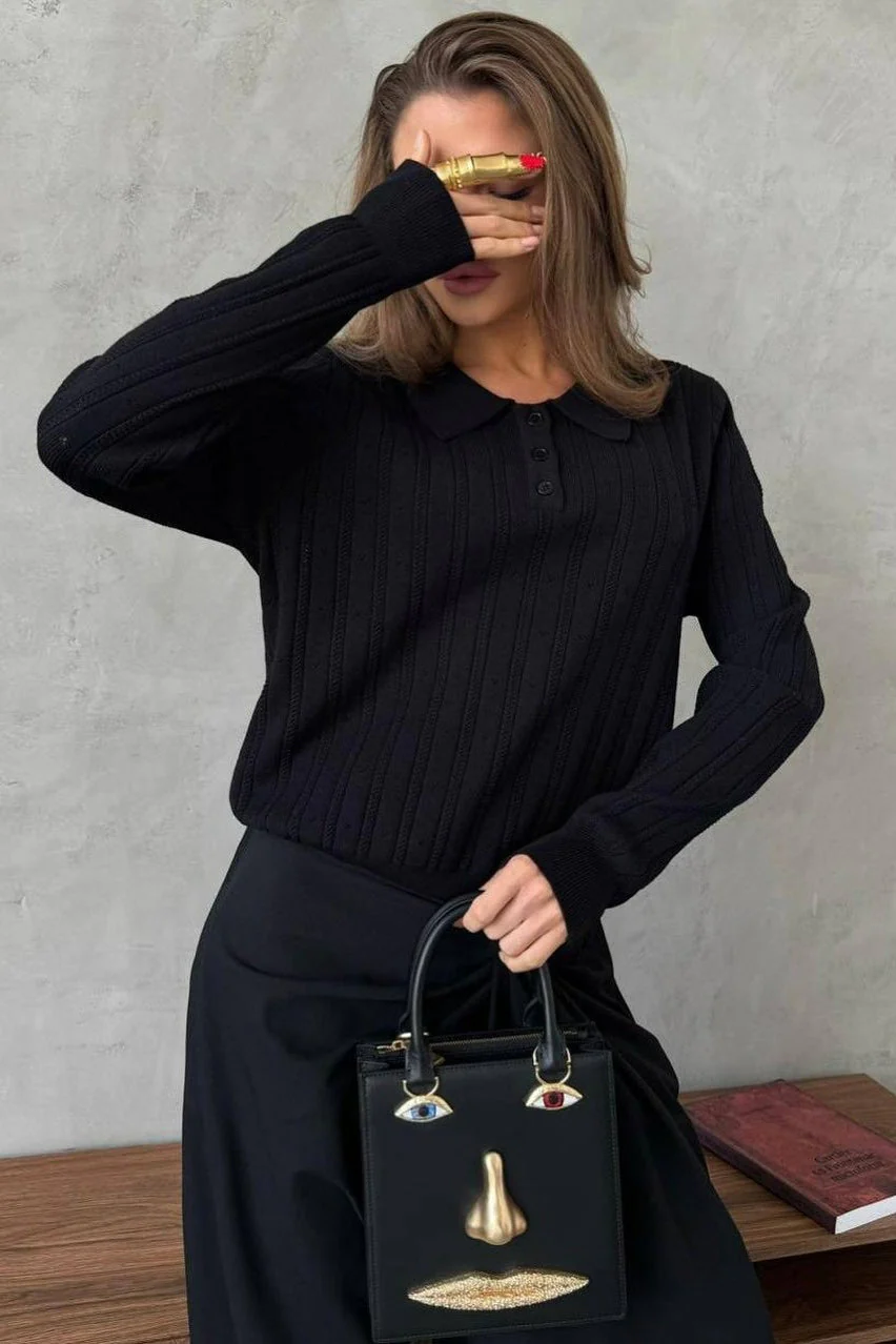 Jacquard Polo Collar Long Sleeve Loose Blouse - Image 14
