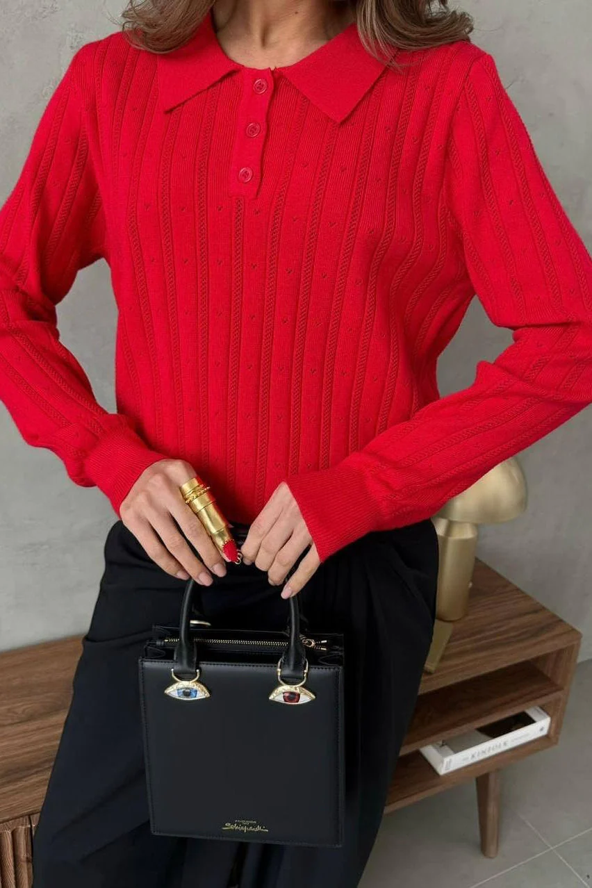 Jacquard Polo Collar Long Sleeve Loose Blouse - Image 16