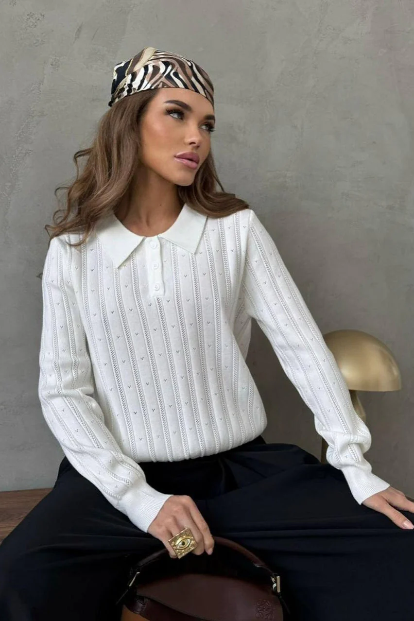 Jacquard Polo Collar Long Sleeve Loose Blouse - Image 20