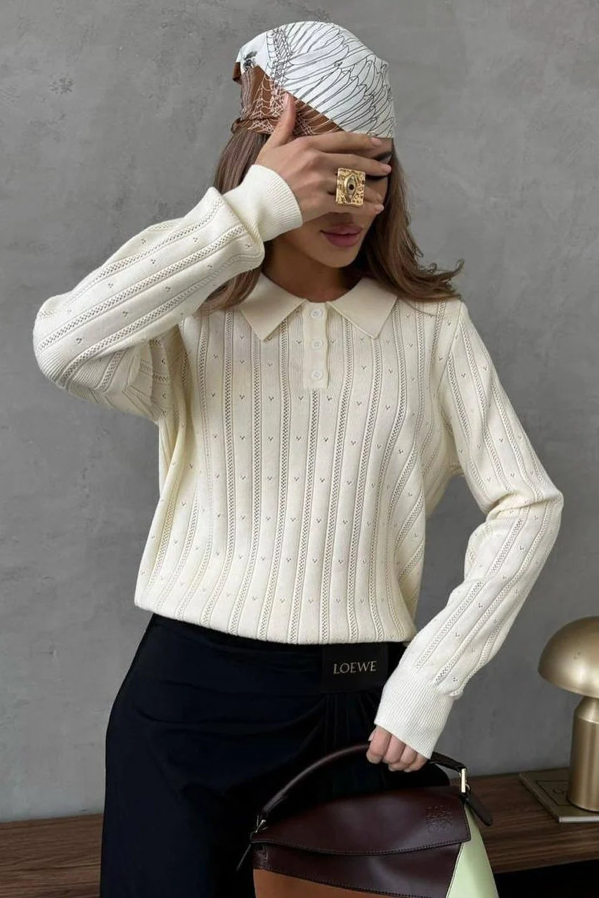 Jacquard Polo Collar Long Sleeve Loose Blouse - Image 26