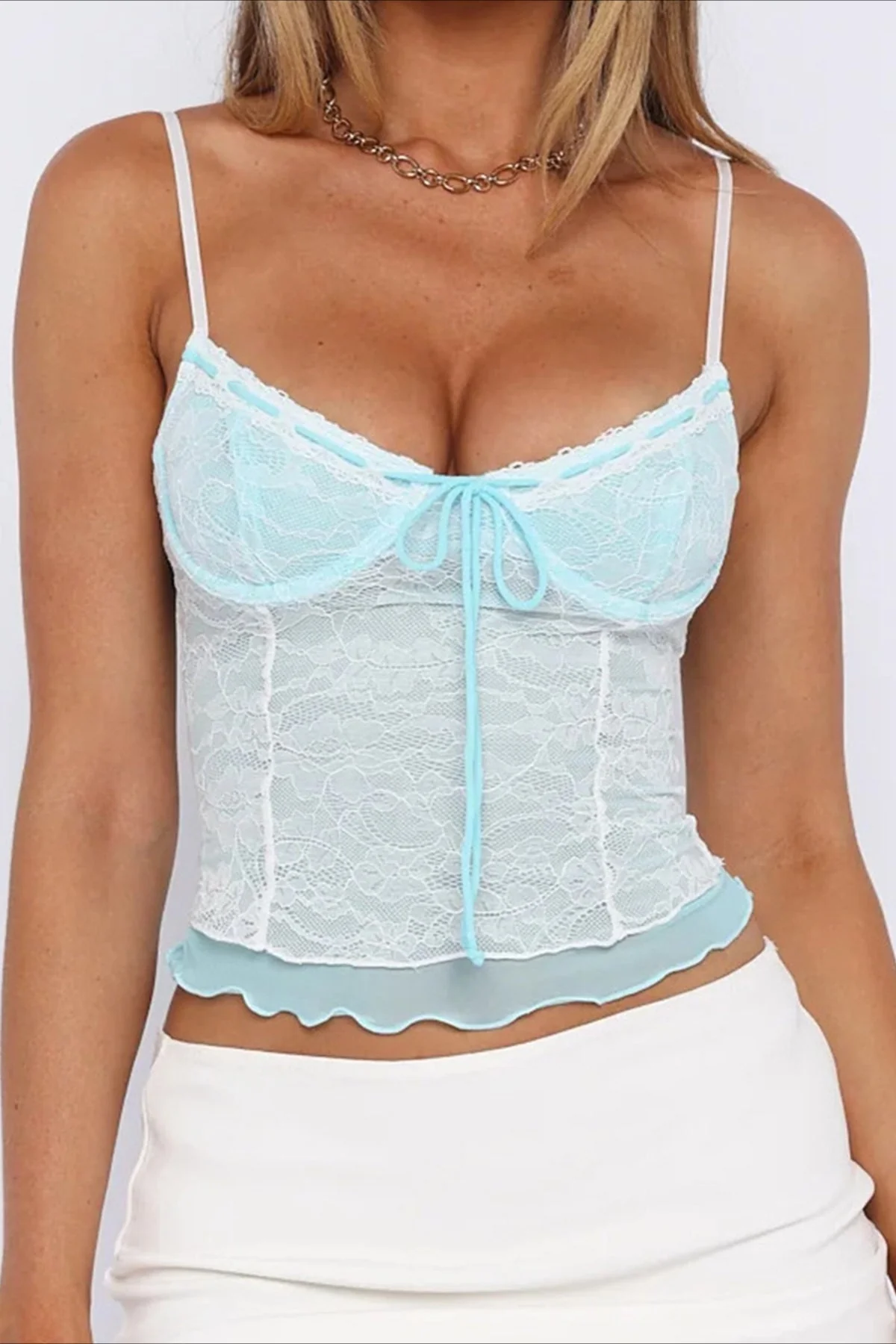 Knit Lace Patchwork Solid Sheer Cami Top - Image 5