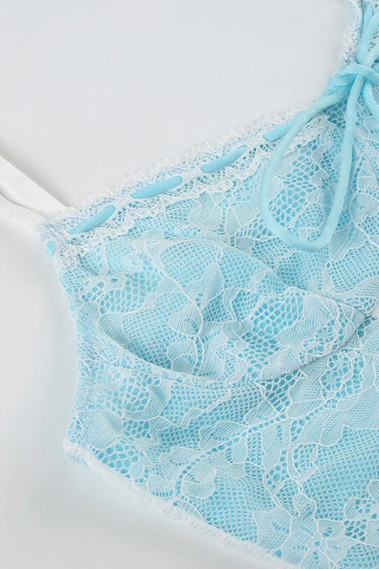 Knit Lace Patchwork Solid Sheer Cami Top - Image 8
