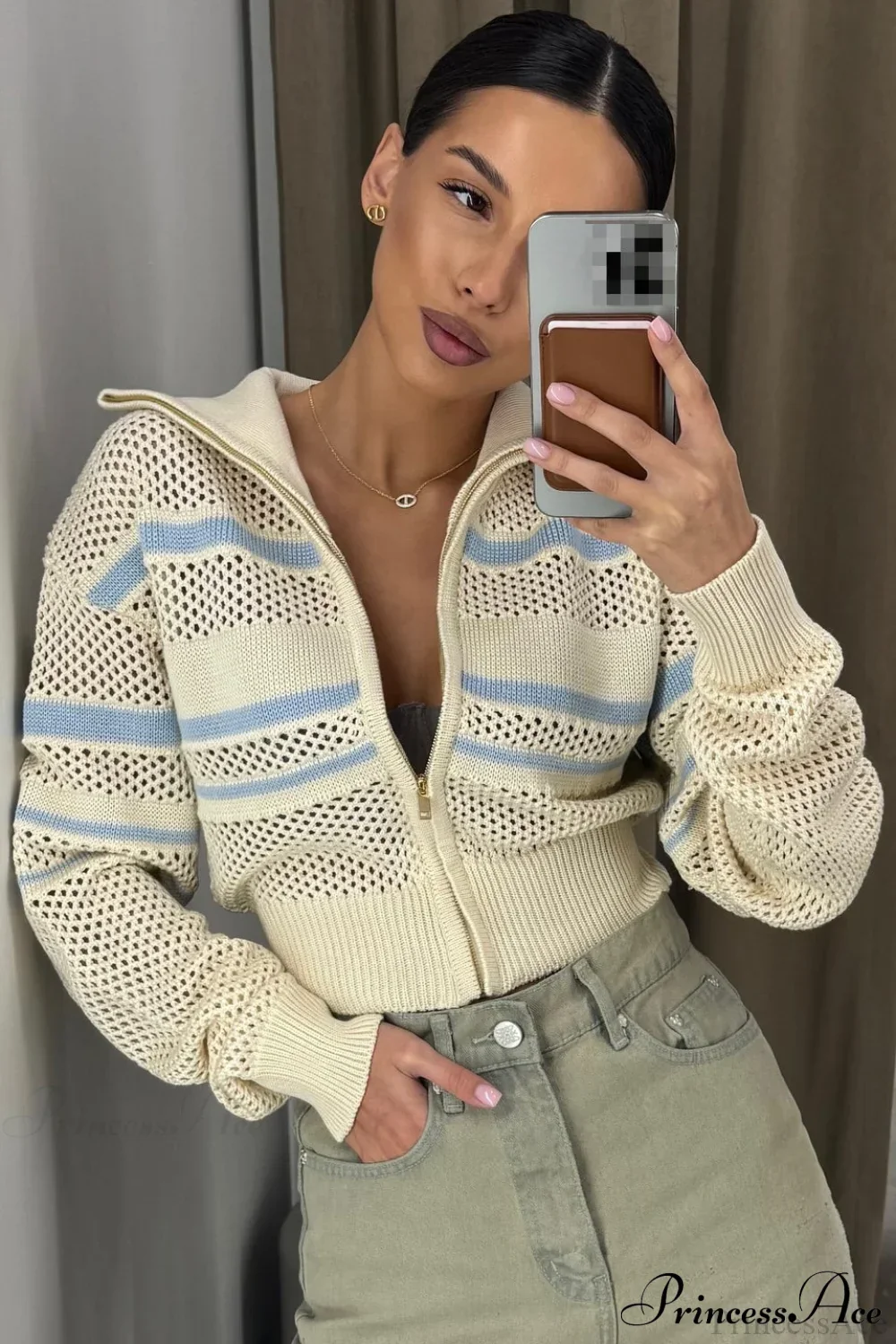 Knitted Cutout Zip Slim-Fit Design Hoodie
