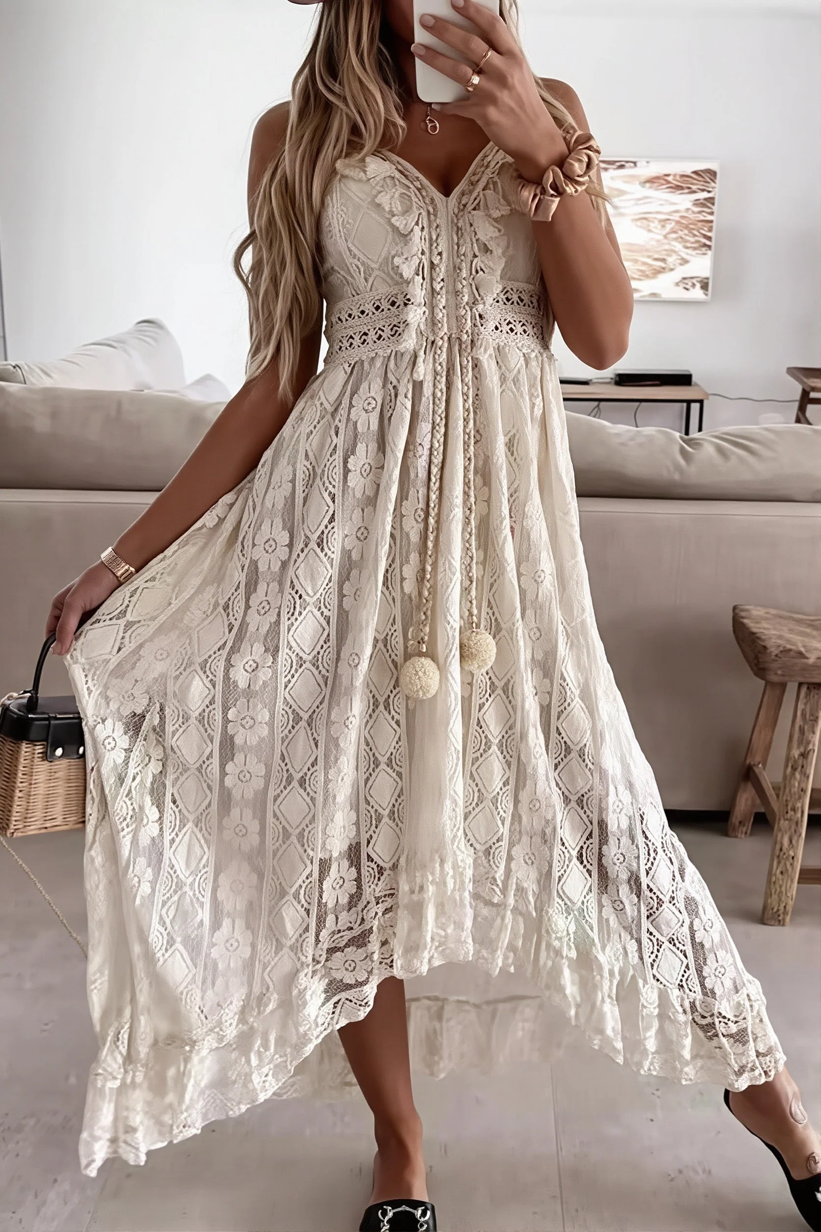 Lace Cami Solid Swing Long Boho Dress - Image 3