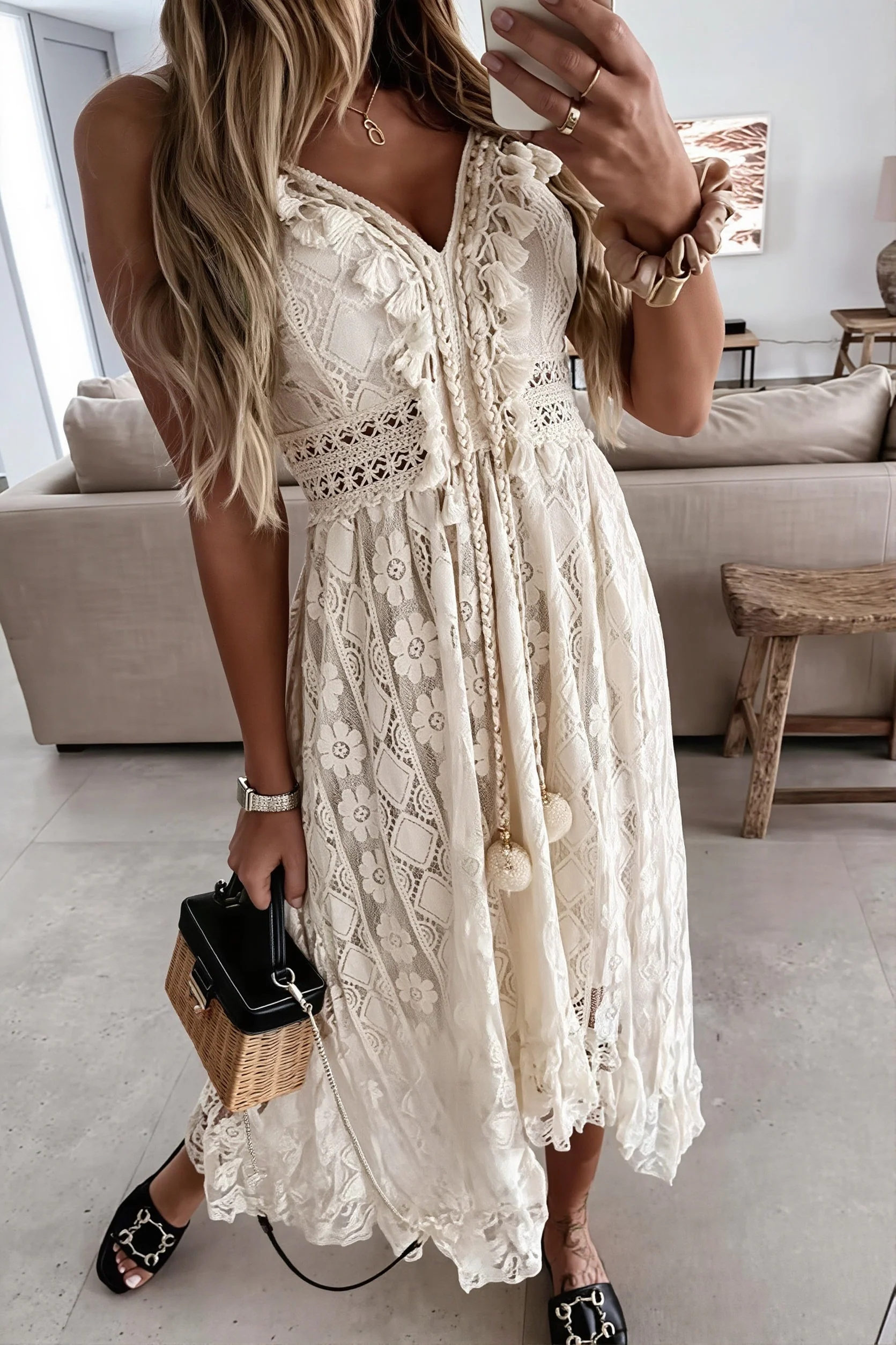 Lace Cami Solid Swing Long Boho Dress - Image 4