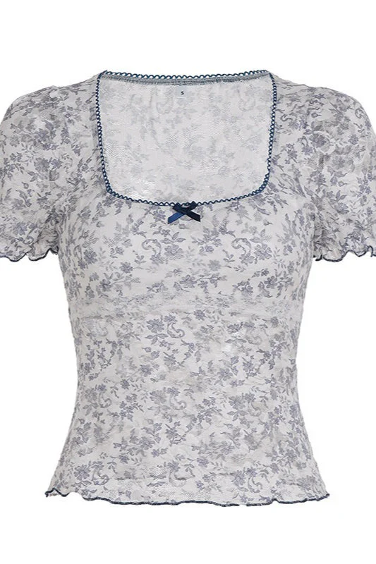 Lace Floral Mesh Fake Two Piece Blouse - Image 4