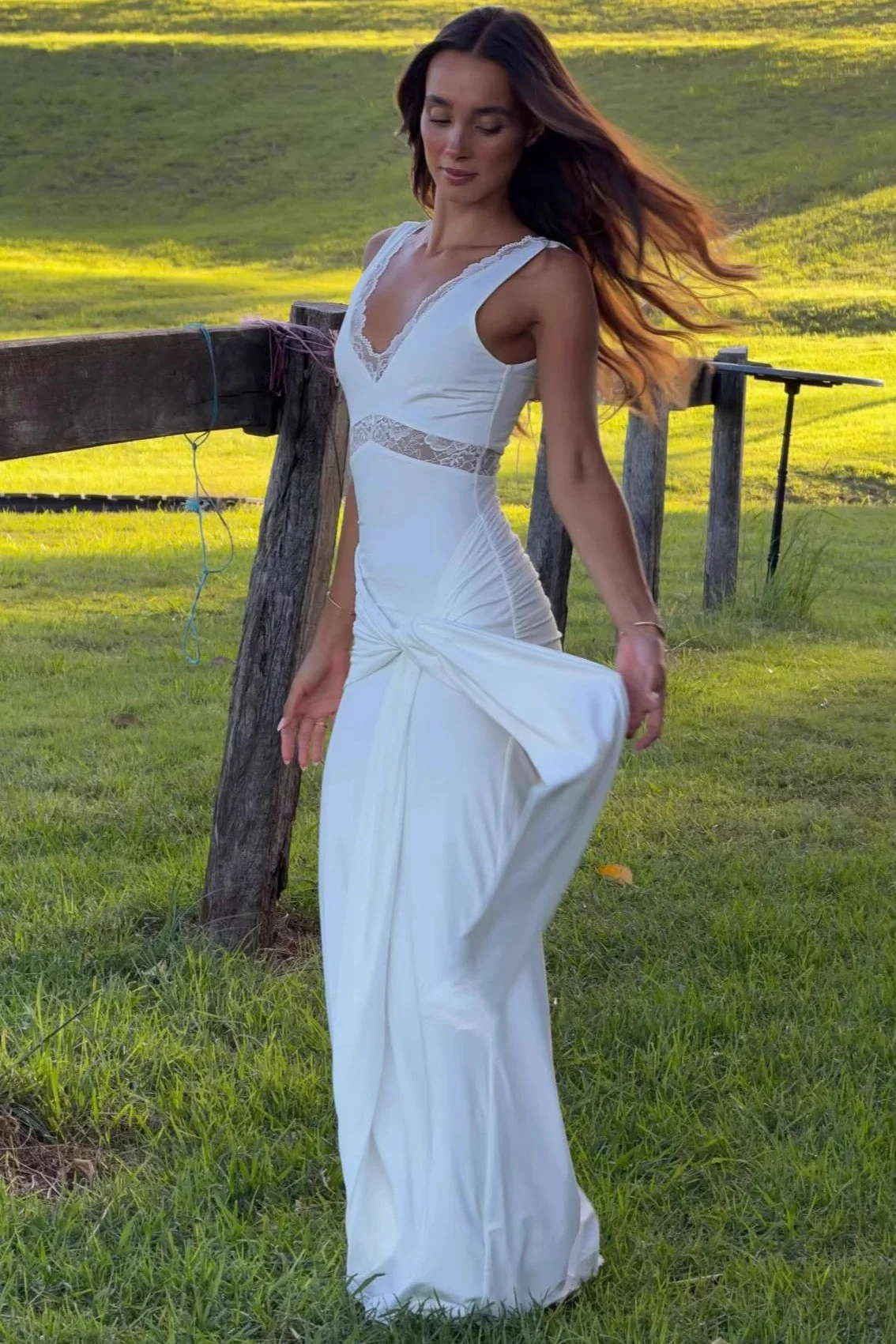 Lace Panel Bodycon With Tie Straps Maxi Dress - Image 3