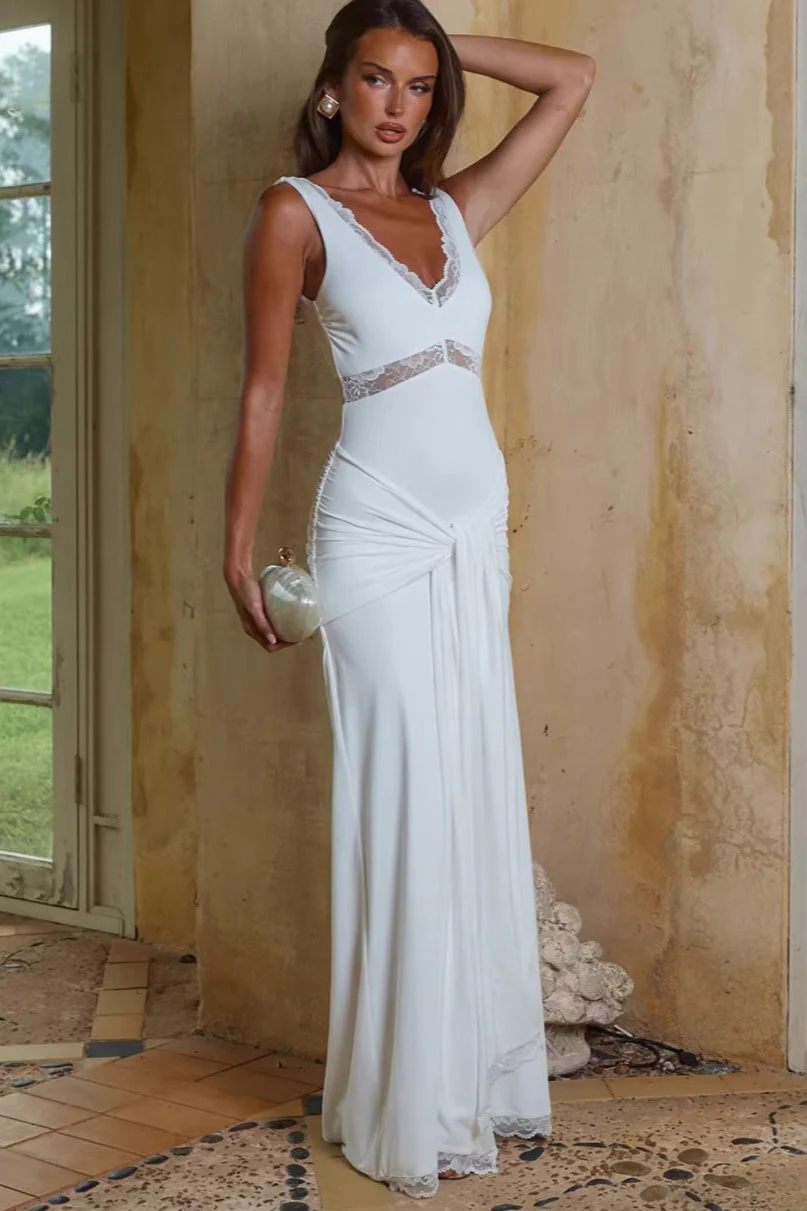 Lace Panel Bodycon With Tie Straps Maxi Dress - Image 6