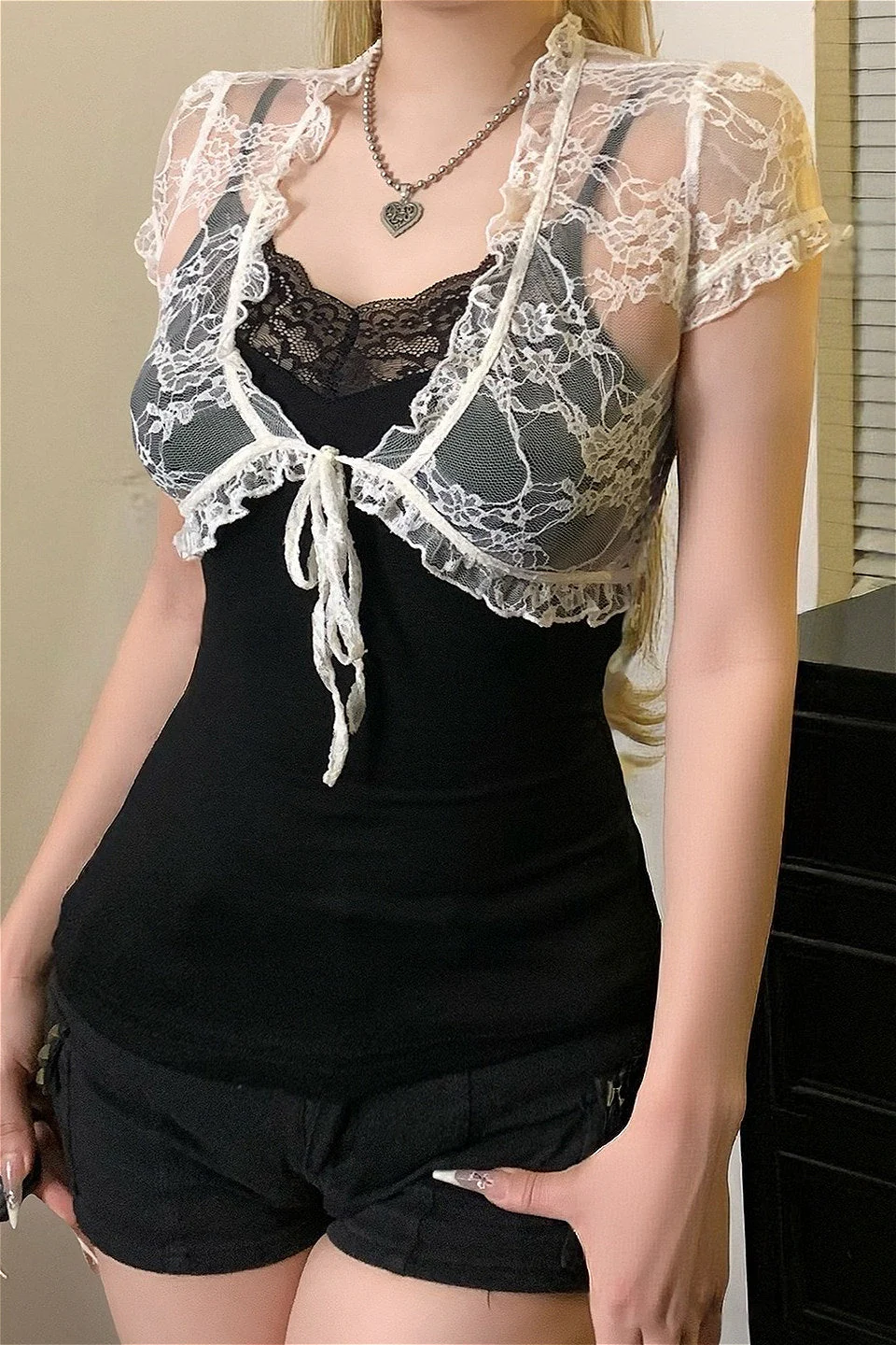 Lace Patchwork Mesh Twin Set Blouse - Image 2