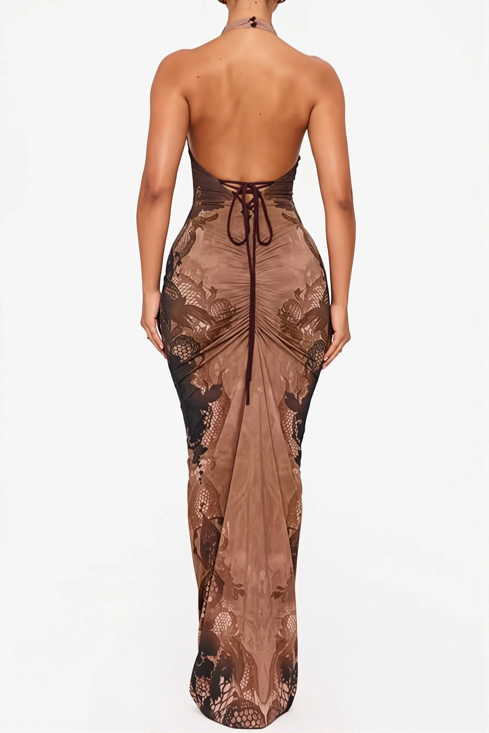 Lace Pattern Halter Backless Maxi Dress - Image 3