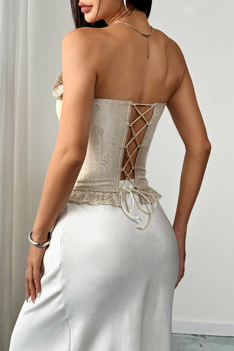 Lace Ruffle Trim Boned Strapless Corset Sexy Blouse - Image 4