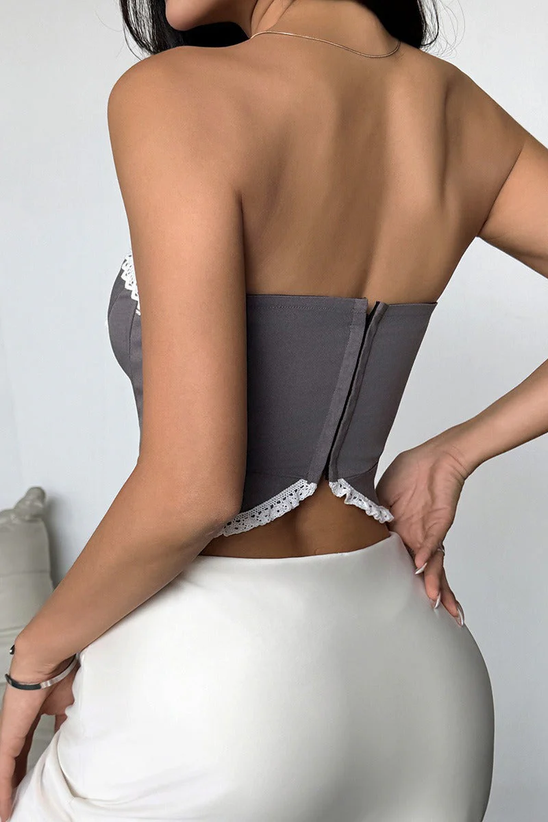 Lace Ruffle Trim Bow Detail Boned Cami Sexy Blouse - Image 4