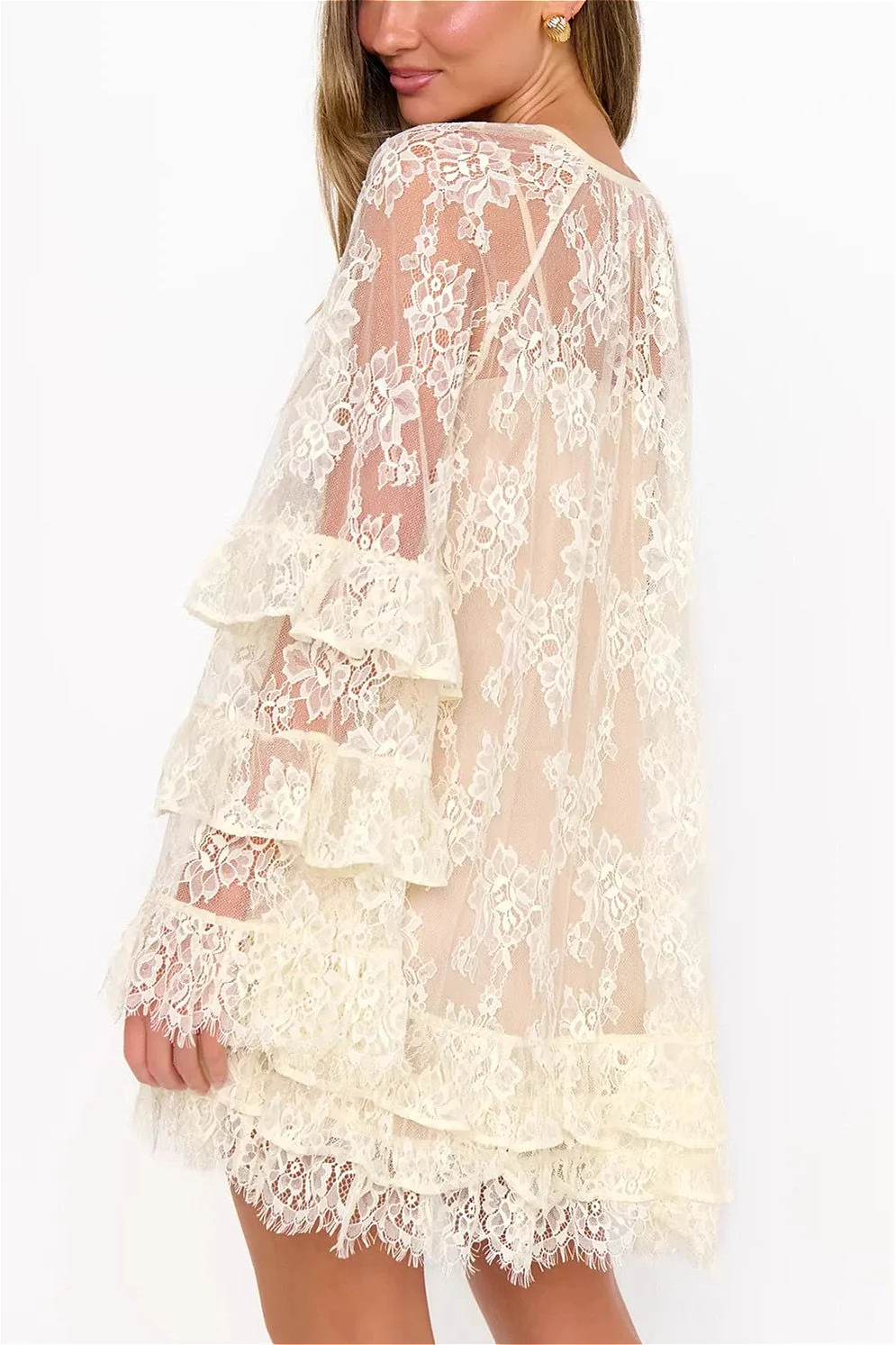 Lace Sheer Ruffle Cover Up Mini Dress - Image 3