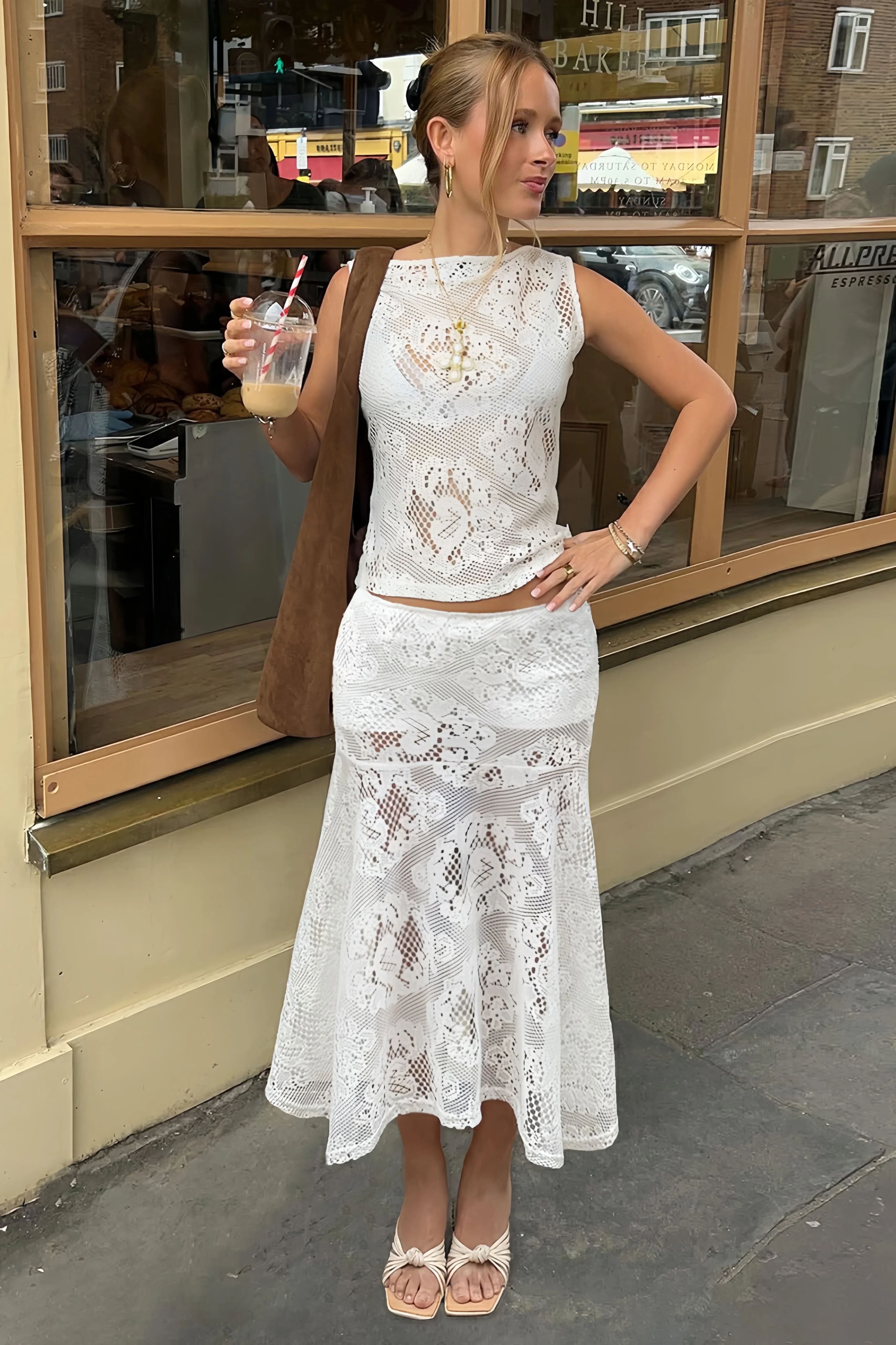 Lace Spliced Hollow Out A Line Skirt - Image 5