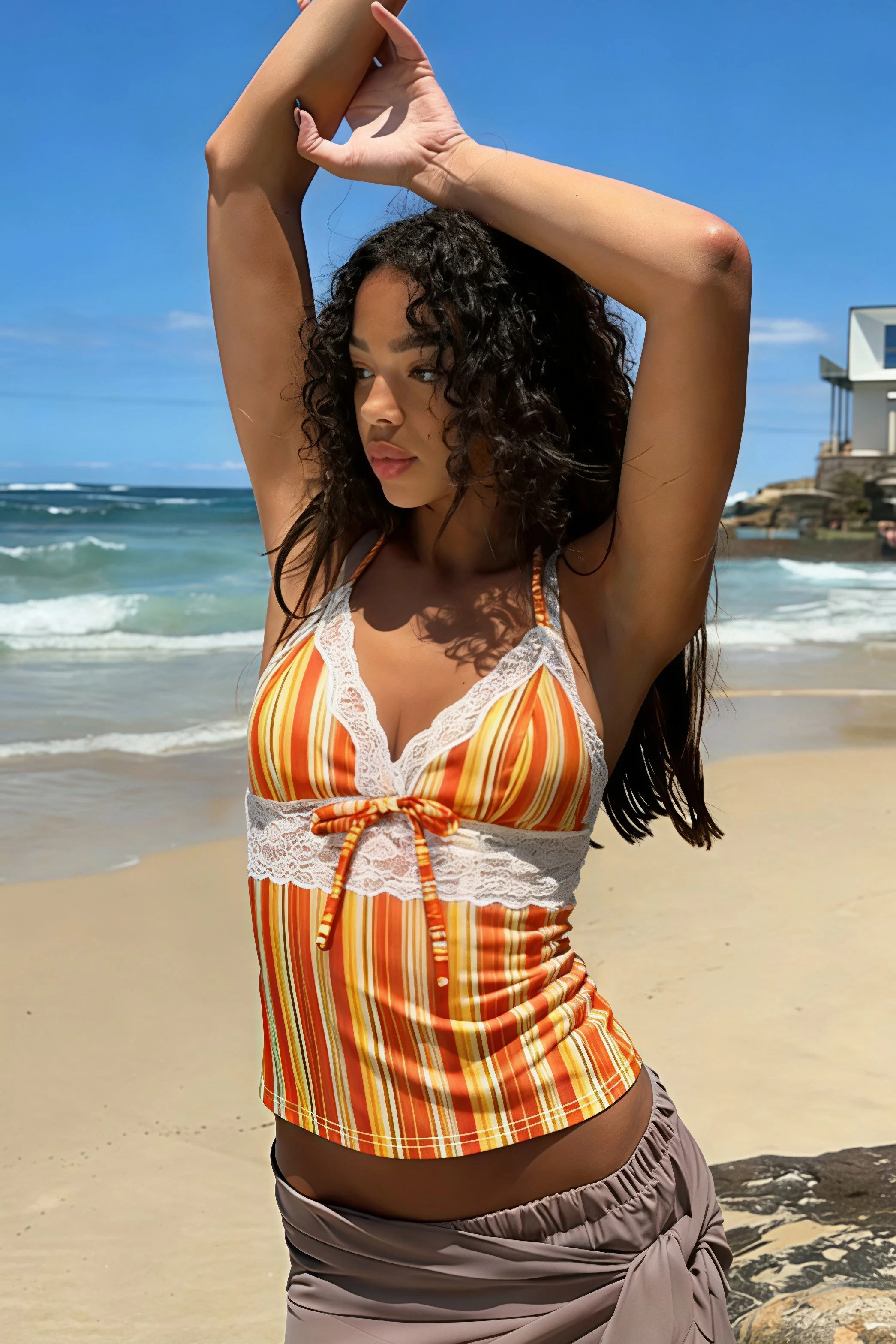 Lace Spliced Orange Striped Halter Top - Image 3