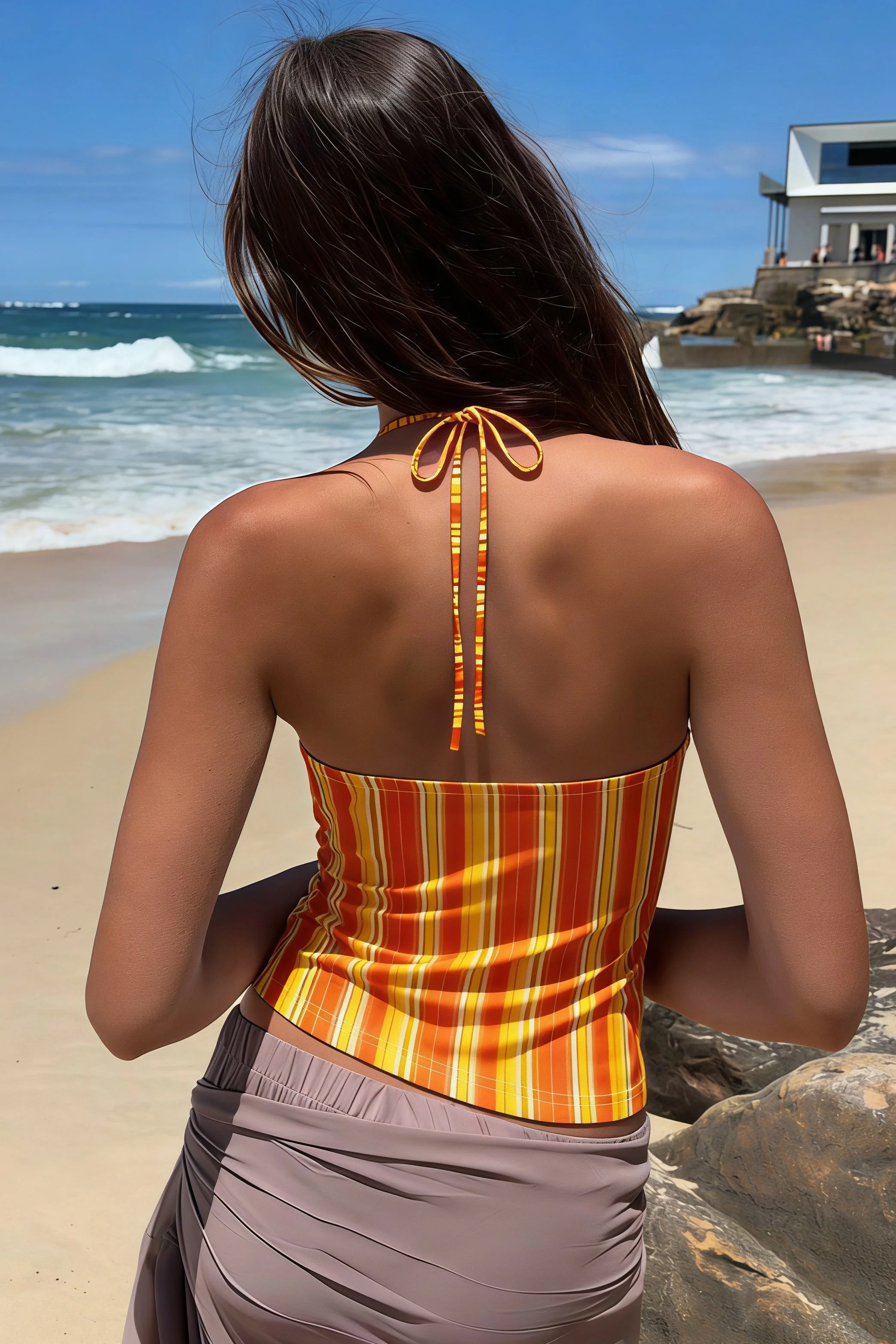 Lace Spliced Orange Striped Halter Top - Image 4