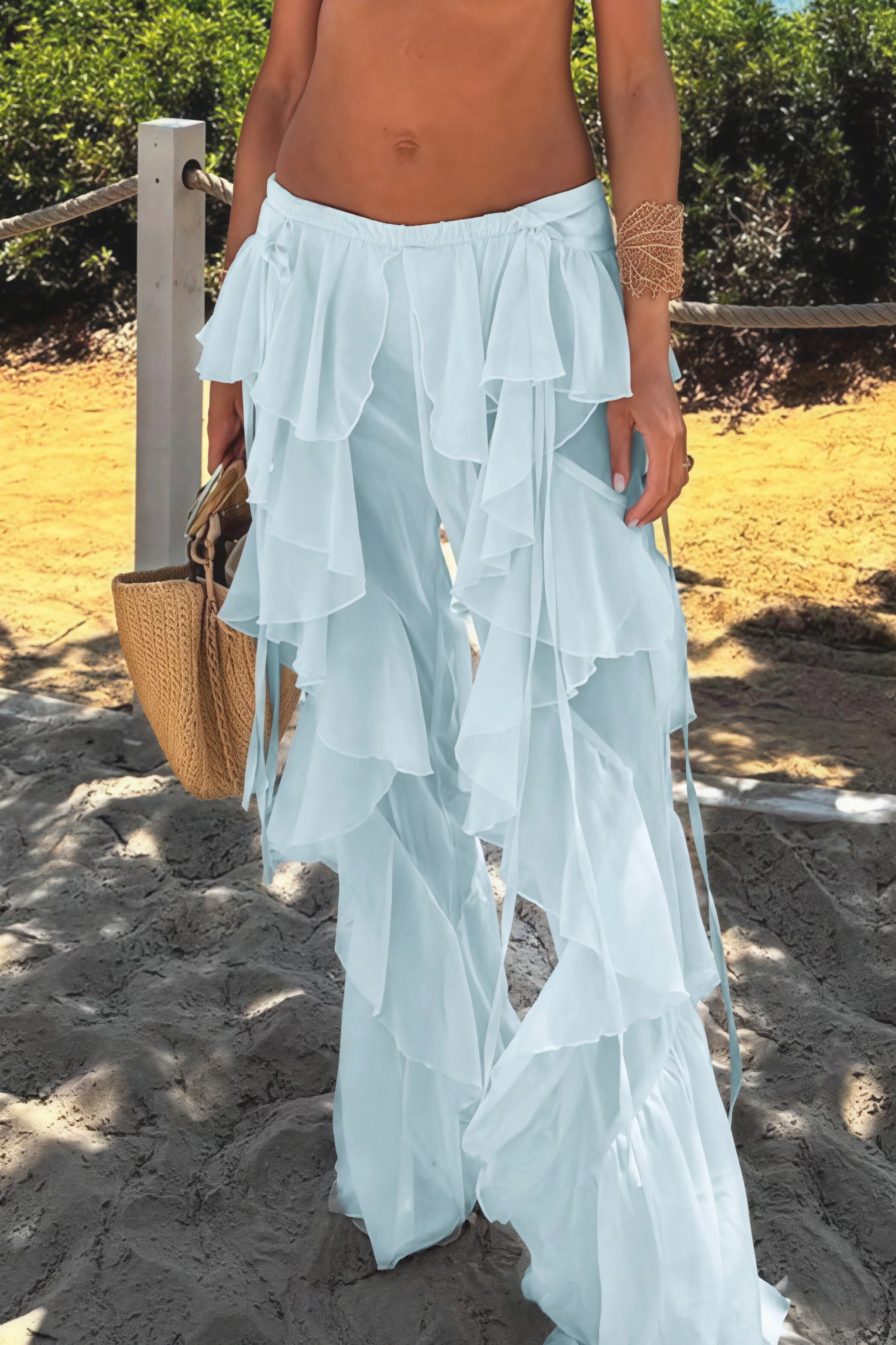 Lace Up Spliced Ruffle Flare Pants - Image 5