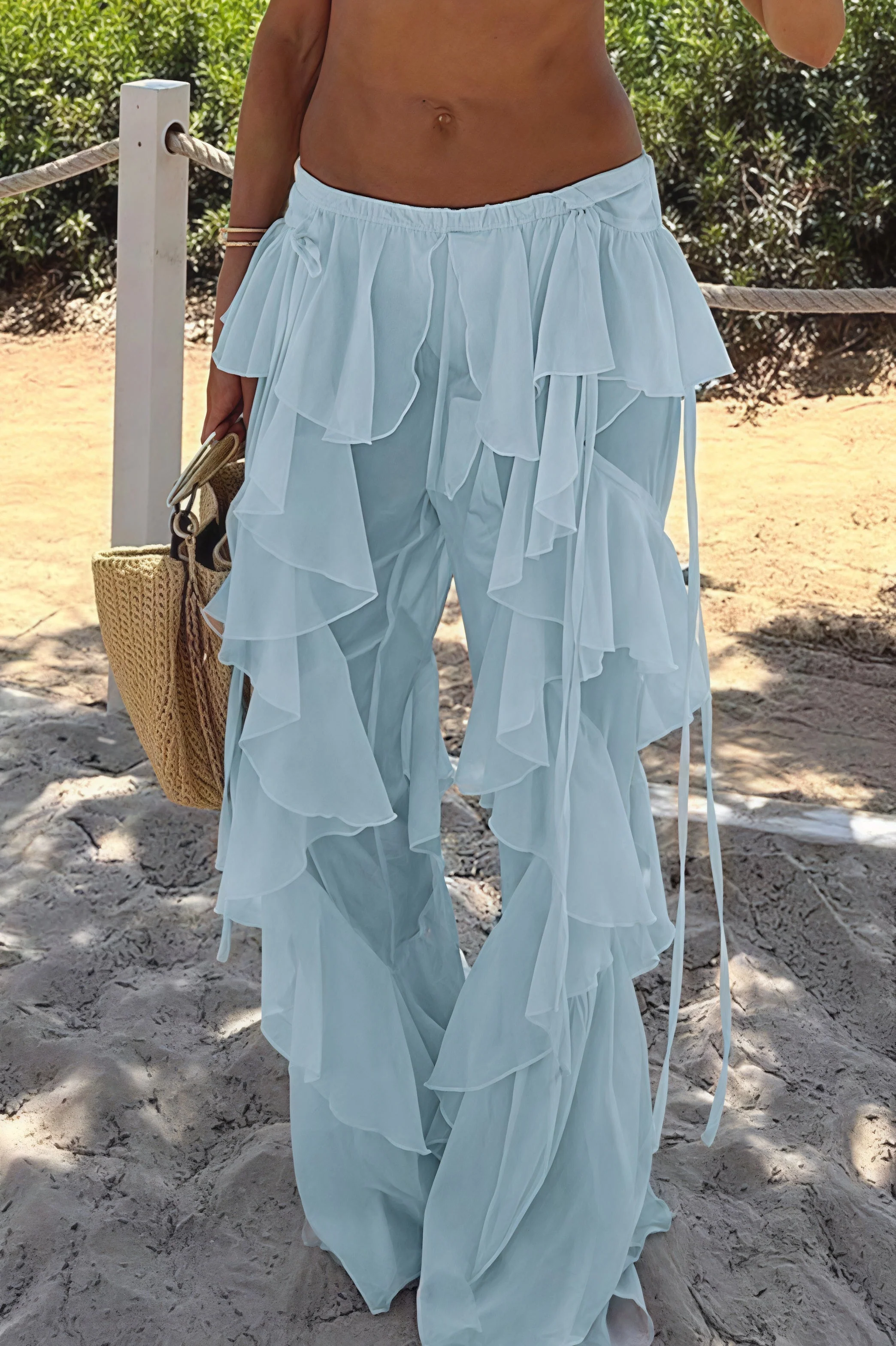 Lace Up Spliced Ruffle Flare Pants - Image 6