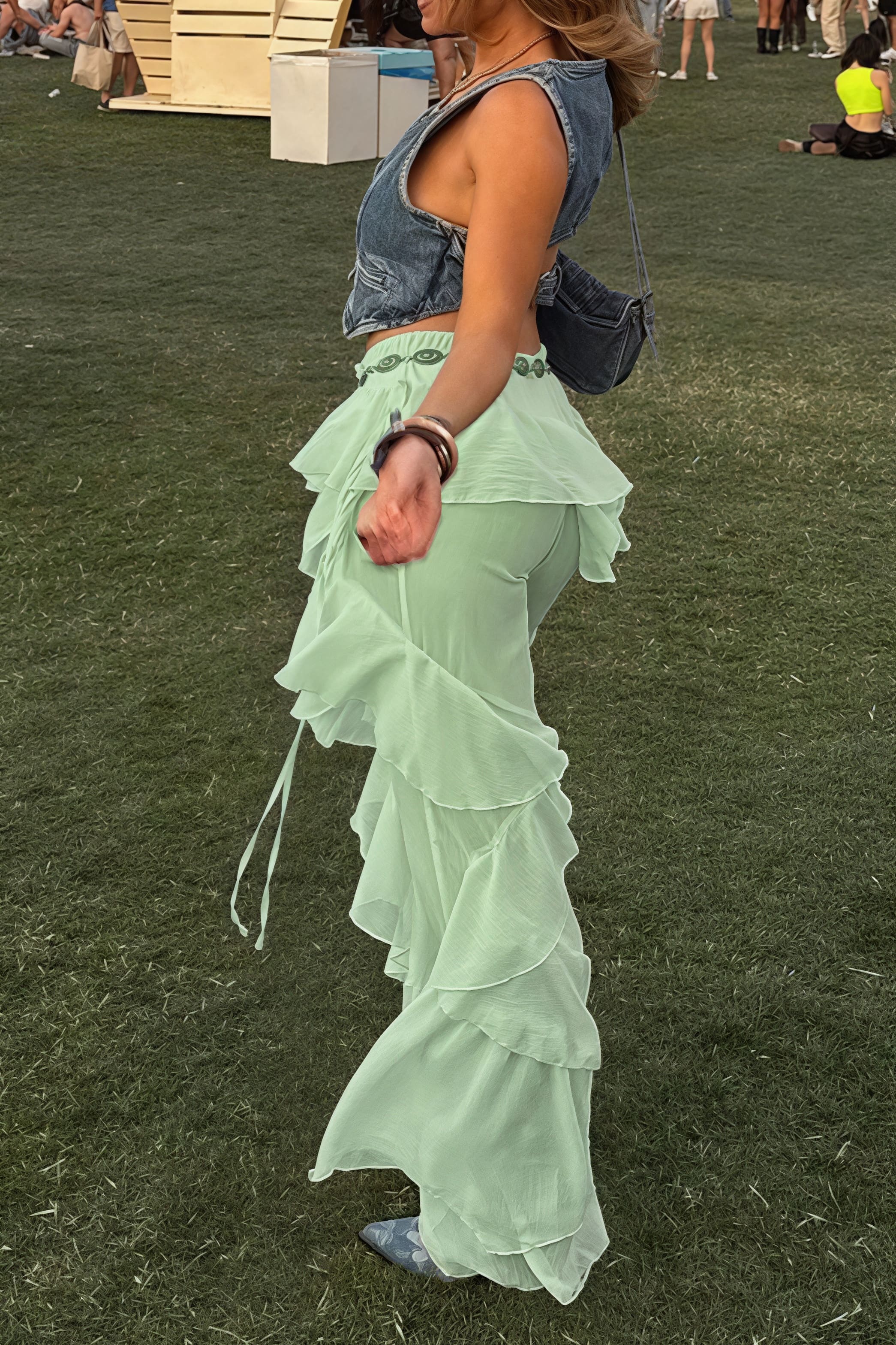 Lace Up Spliced Ruffle Flare Pants - Image 9
