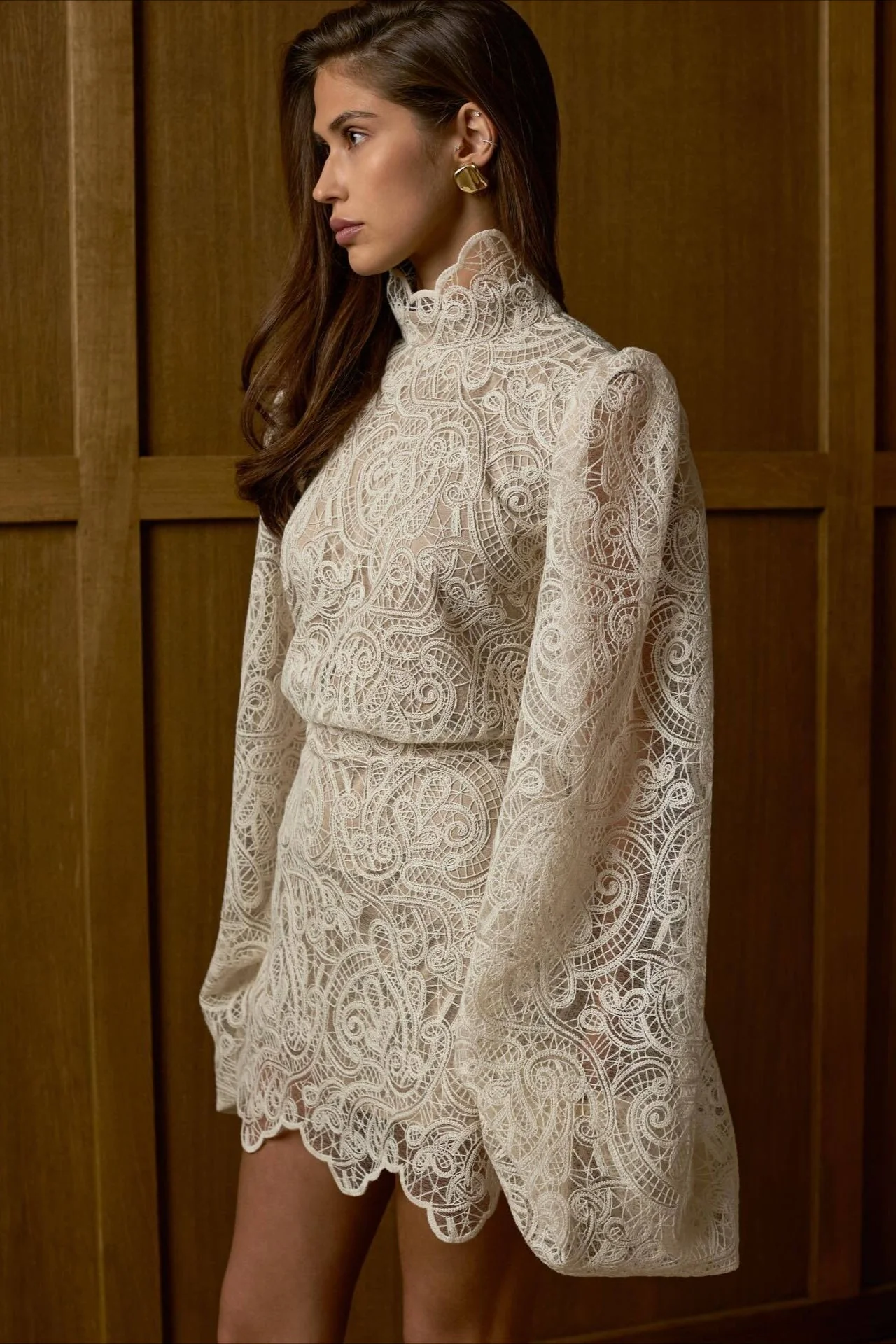 Lantern Sleeve High Collar Lace Skirt Set - Image 3
