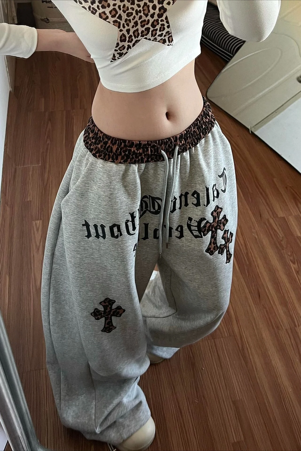 Leopard Print Drawstring Wide Leg Pants - Image 2