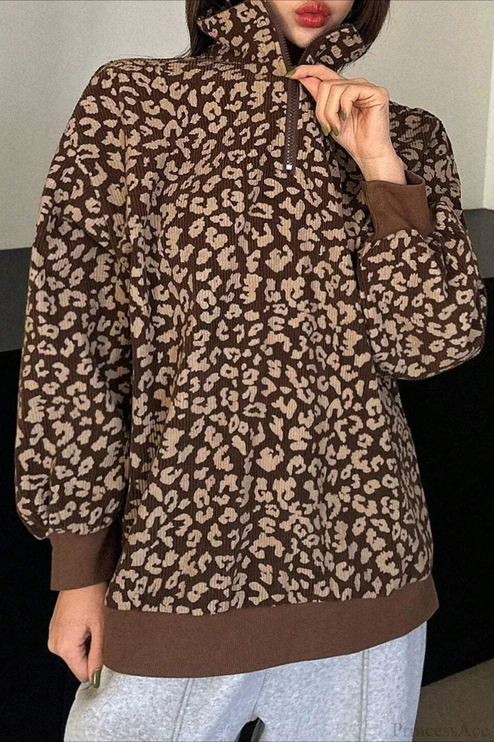 Leopard Print Half-Zip V-Neck Long Sleeve Sweatshirt