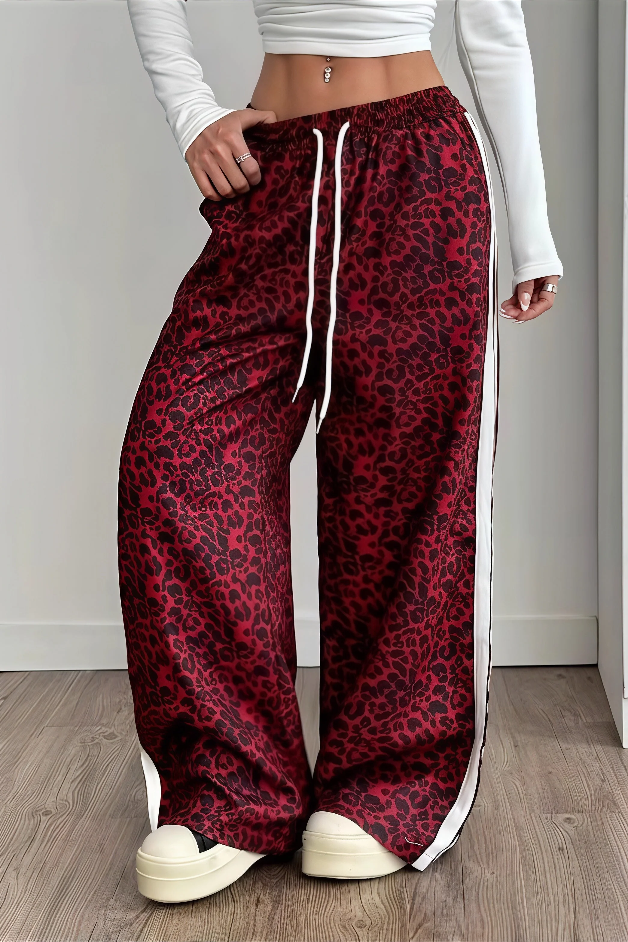 Leopard Print Spliced Casual Pants - Image 2