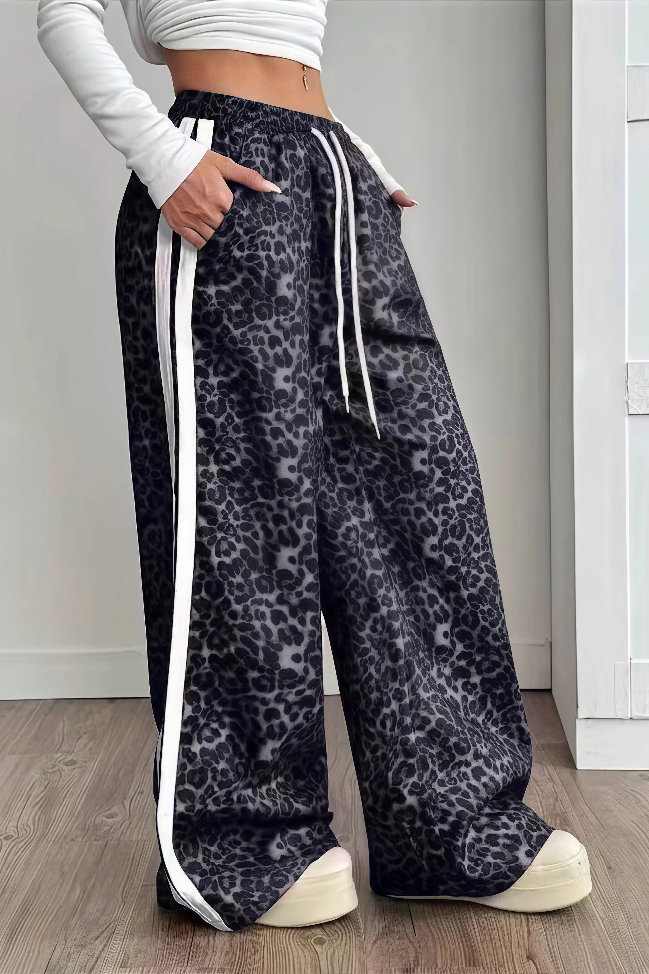 Leopard Print Spliced Casual Pants - Image 8