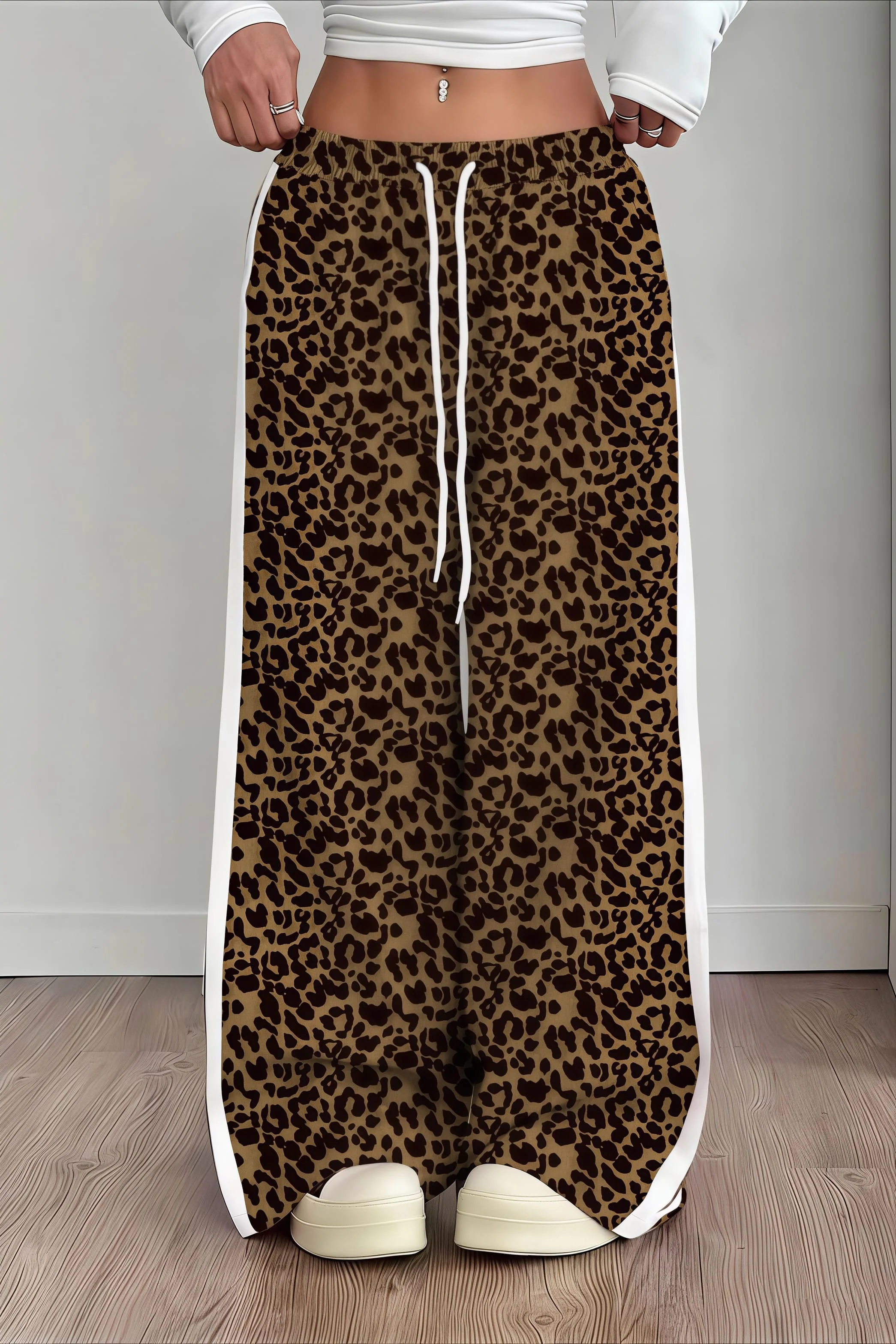 Leopard Print Spliced Casual Pants - Image 9