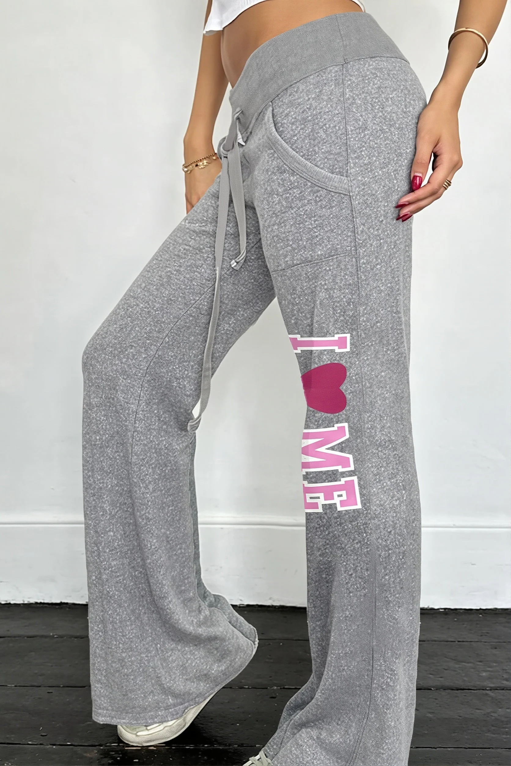 Letter Print Drawstring Straight Pants - Image 2