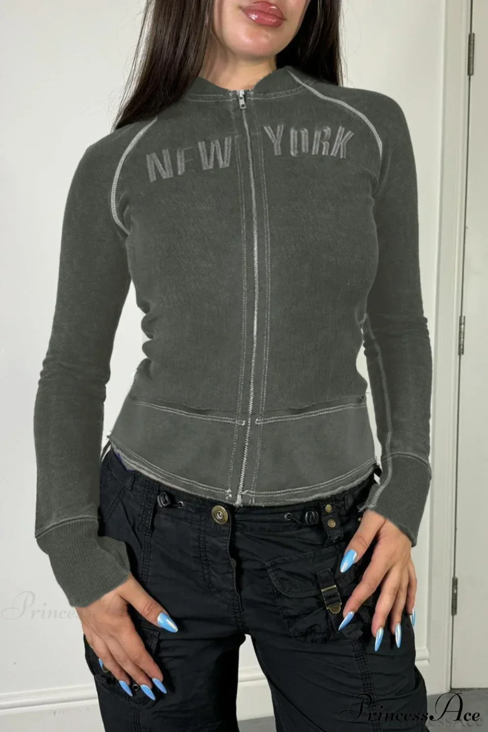 Letter Print Slim Paneled Stand Collar Hoodie