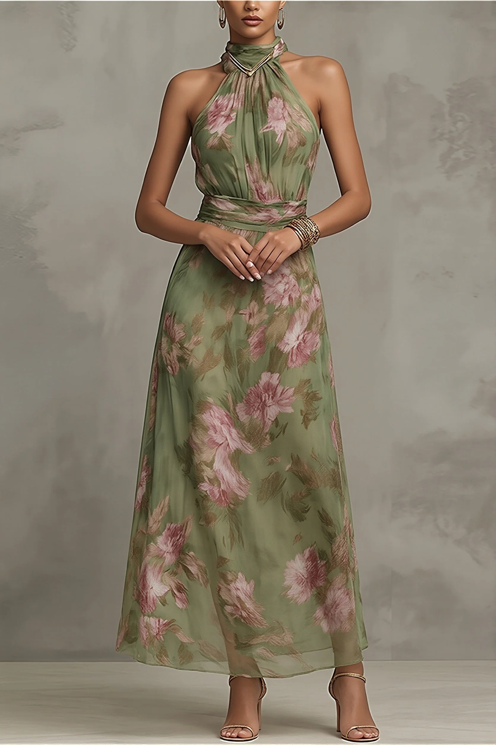 Light Elegant Halter Floral Maxi Dress - Image 2