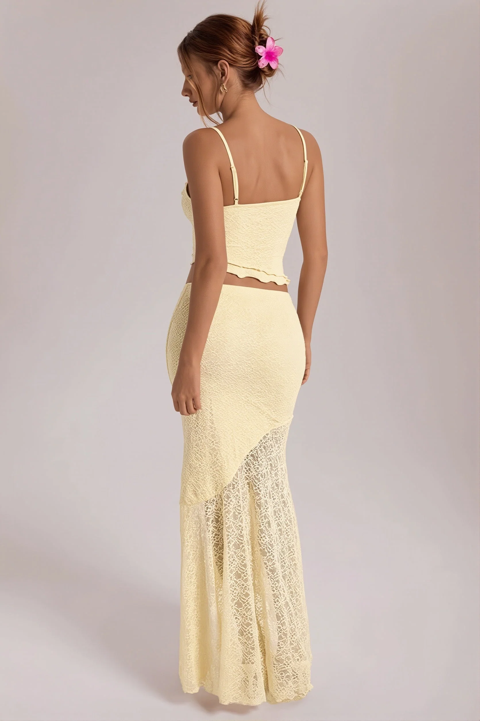 Light Yellow Lace Cami Ruffle Crop Top High Waist Skirt Sets - Image 2