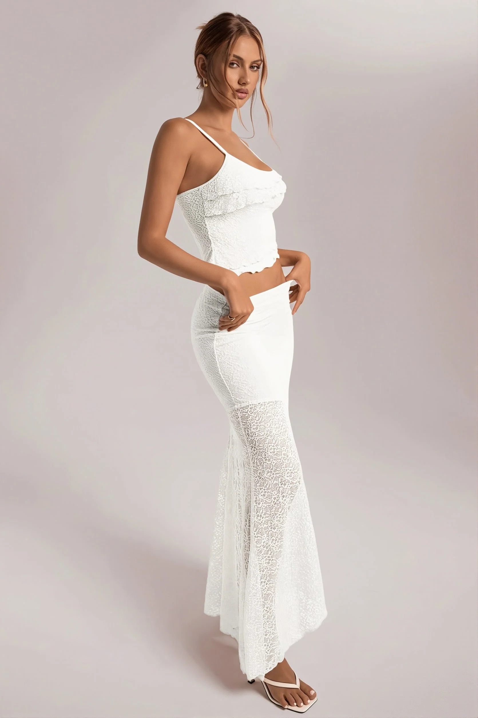 Light Yellow Lace Cami Ruffle Crop Top High Waist Skirt Sets - Image 3