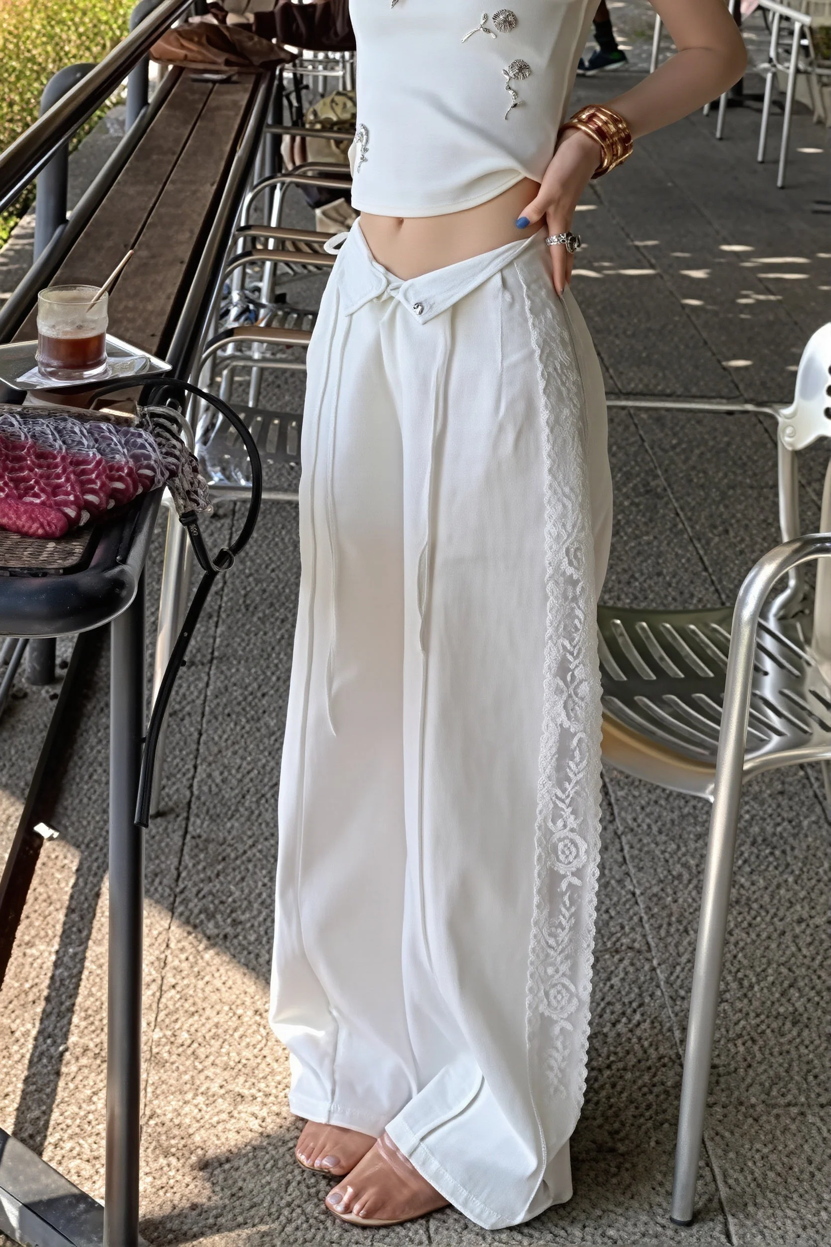 Linen Lace Splicing Straight Pants - Image 3