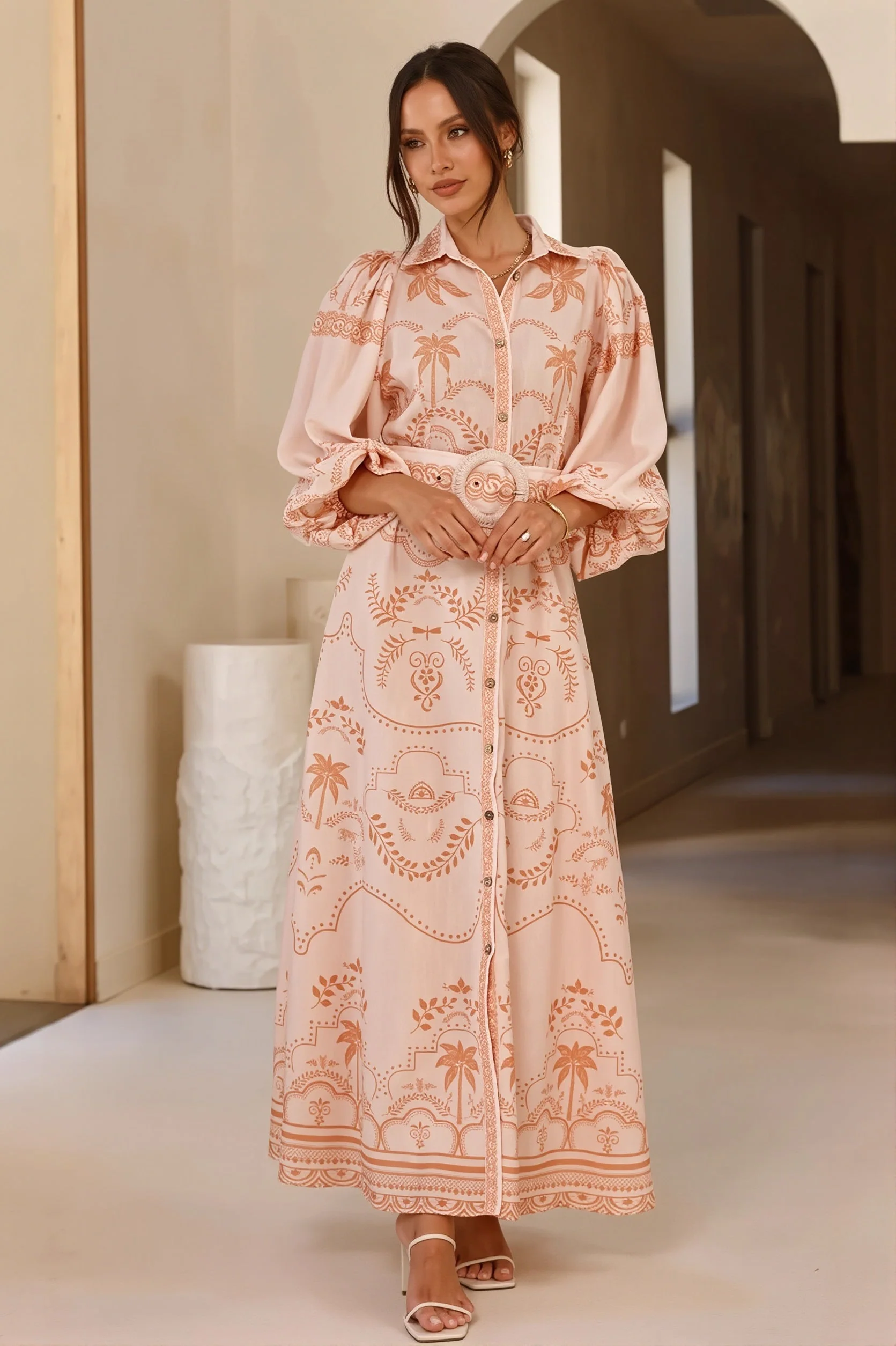 Linen Puff Sleeve Belt Loose Boho Dress - Image 6
