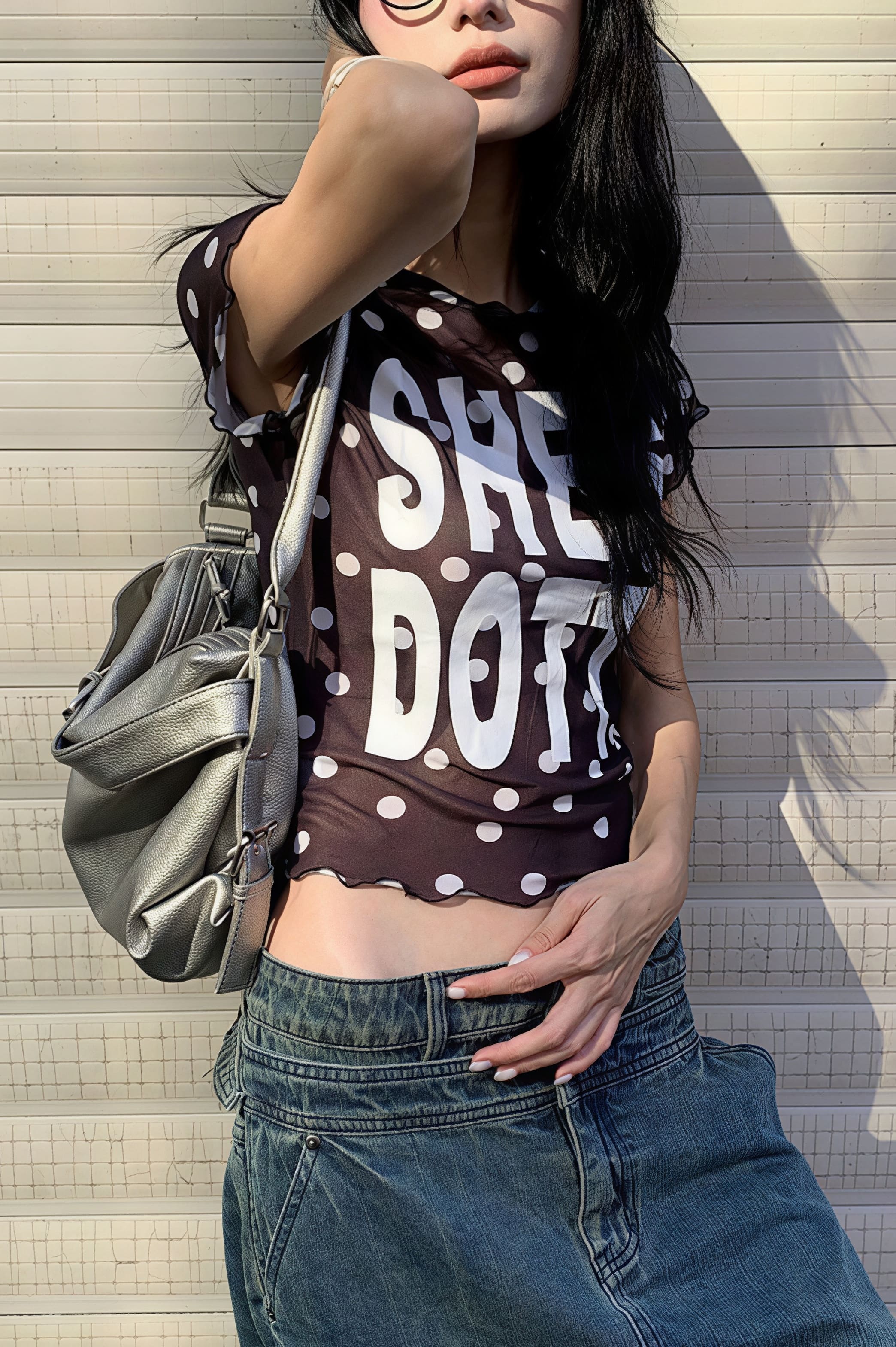 Mesh Polka Dot Letter Crop T-shirt - Image 2