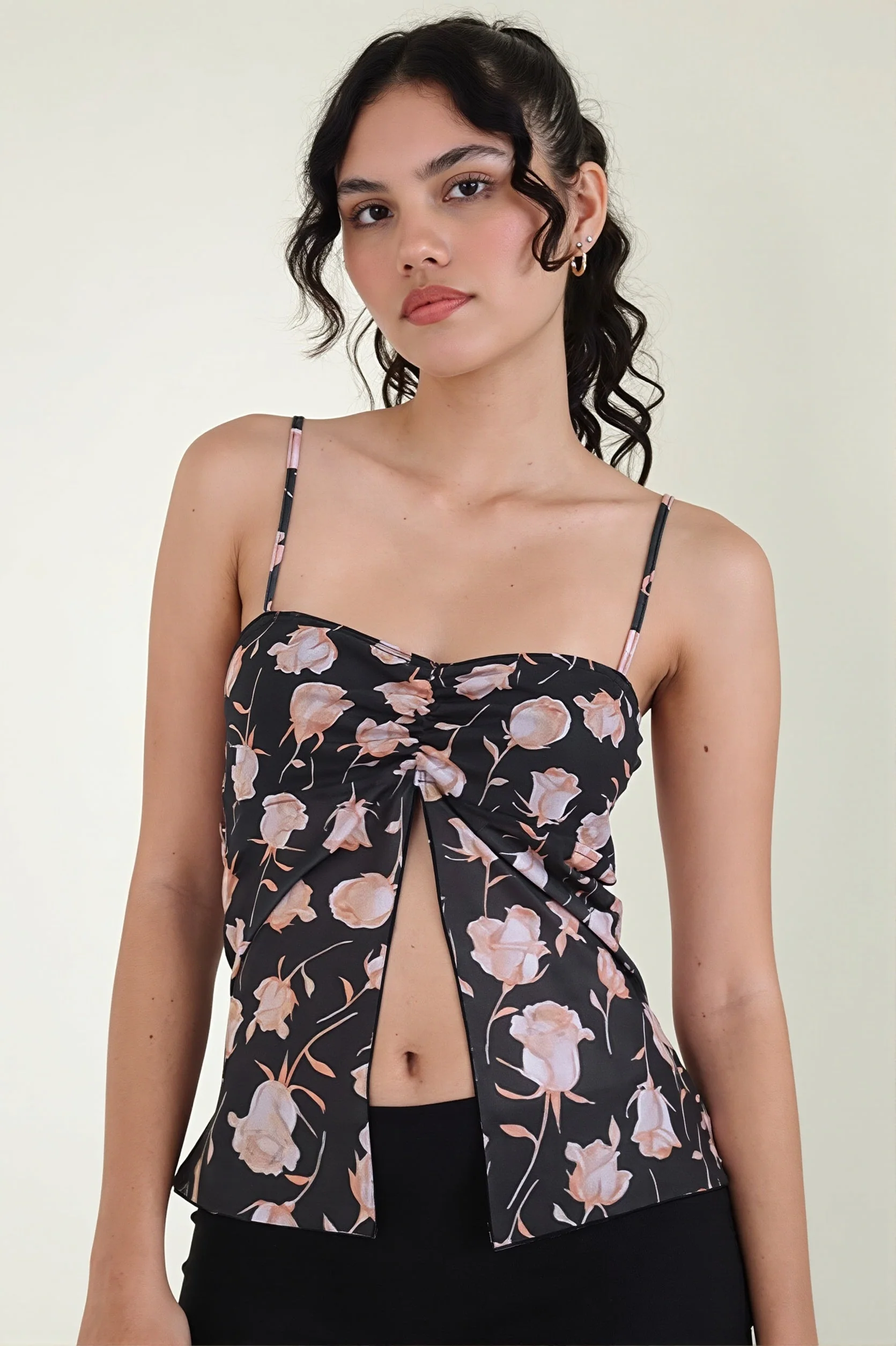 Mesh Rose Print Split Cami Top