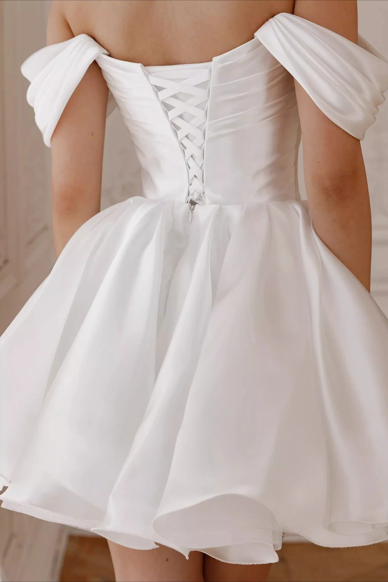 Minimalist Off Shoulder Tie Back Tulle Reception Dress - Image 3