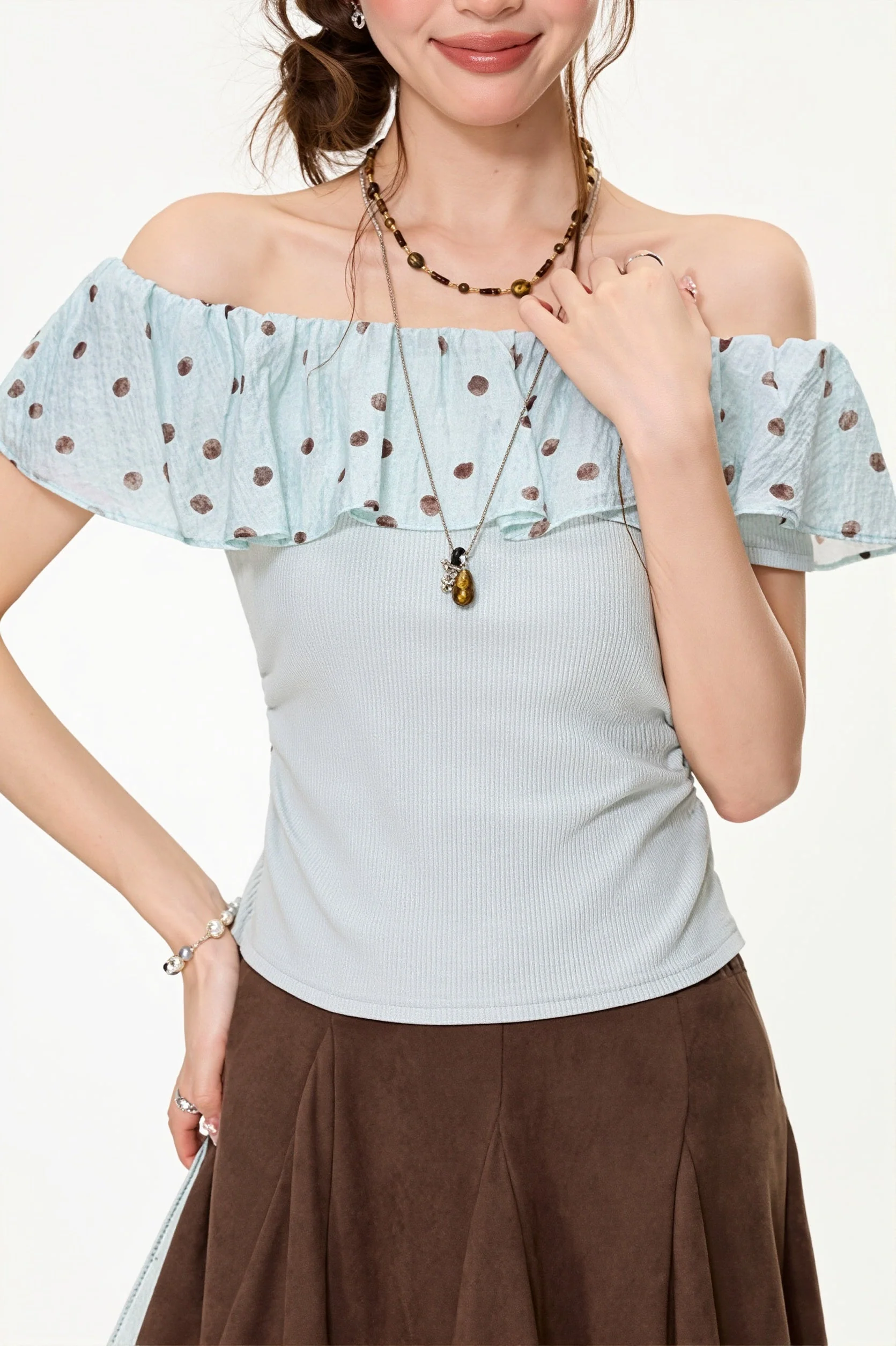 Mint Polka Dot Ruffle Off Shoulder Blouse - Image 4