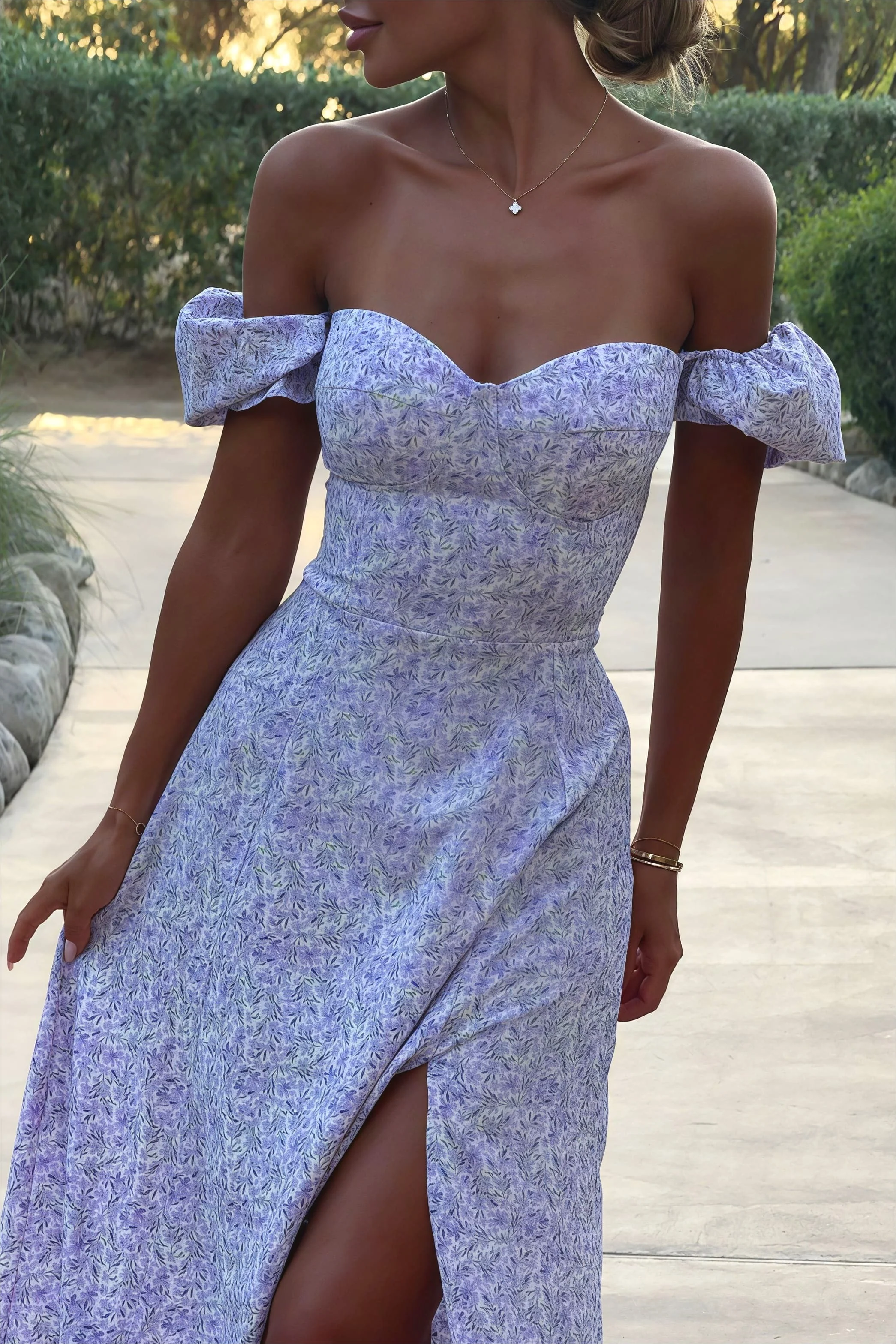 Off Shoulder Floral Slit Midi Dress - Image 12