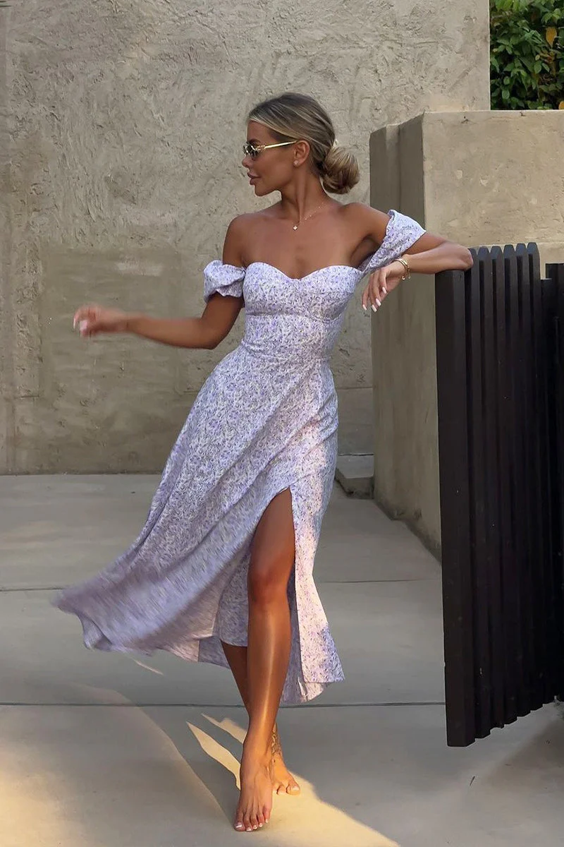 Off Shoulder Floral Slit Midi Dress - Image 14