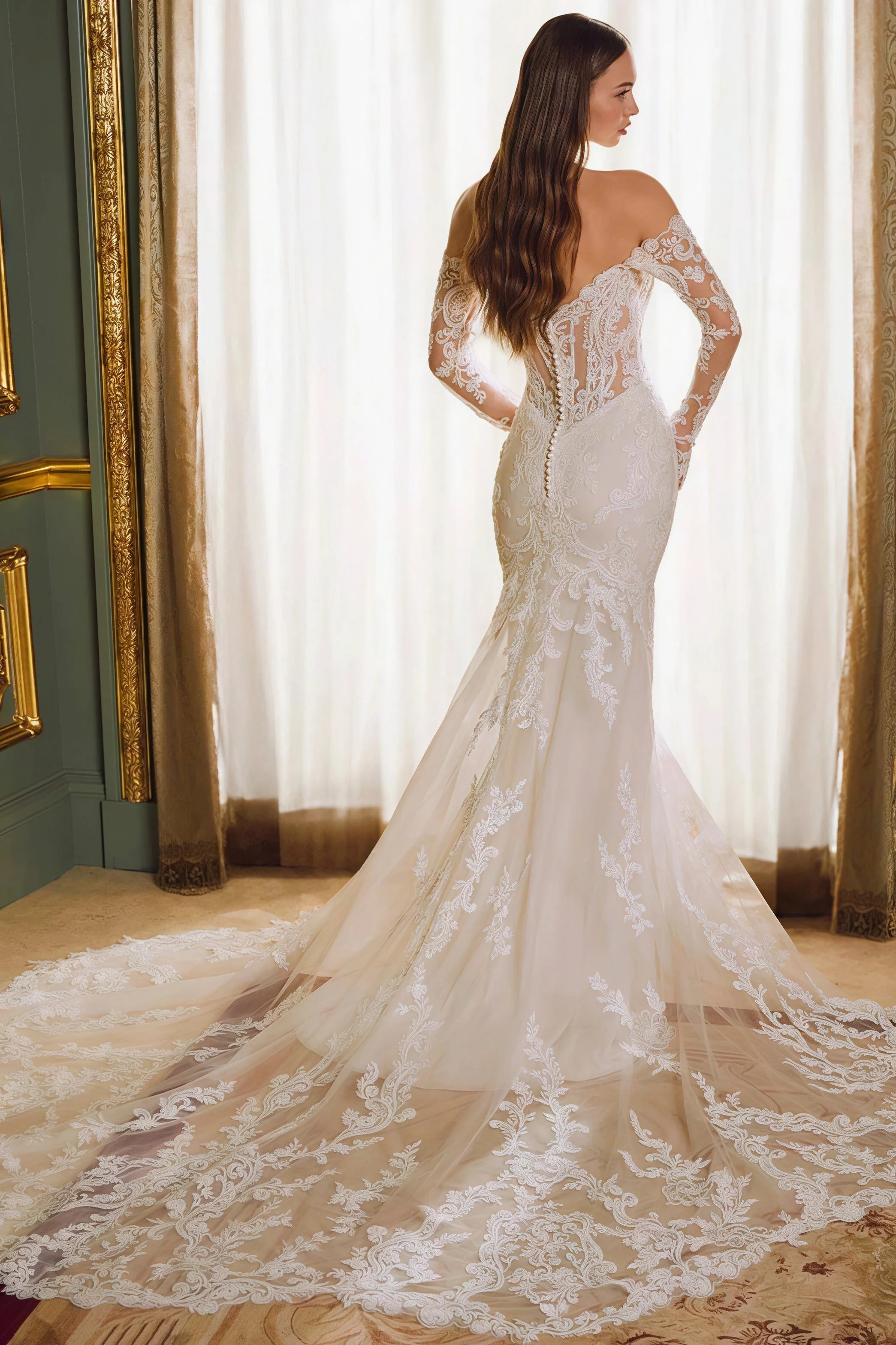 Off Shoulder Lace Long Sleeve Mermaid Wedding Dress - Image 2