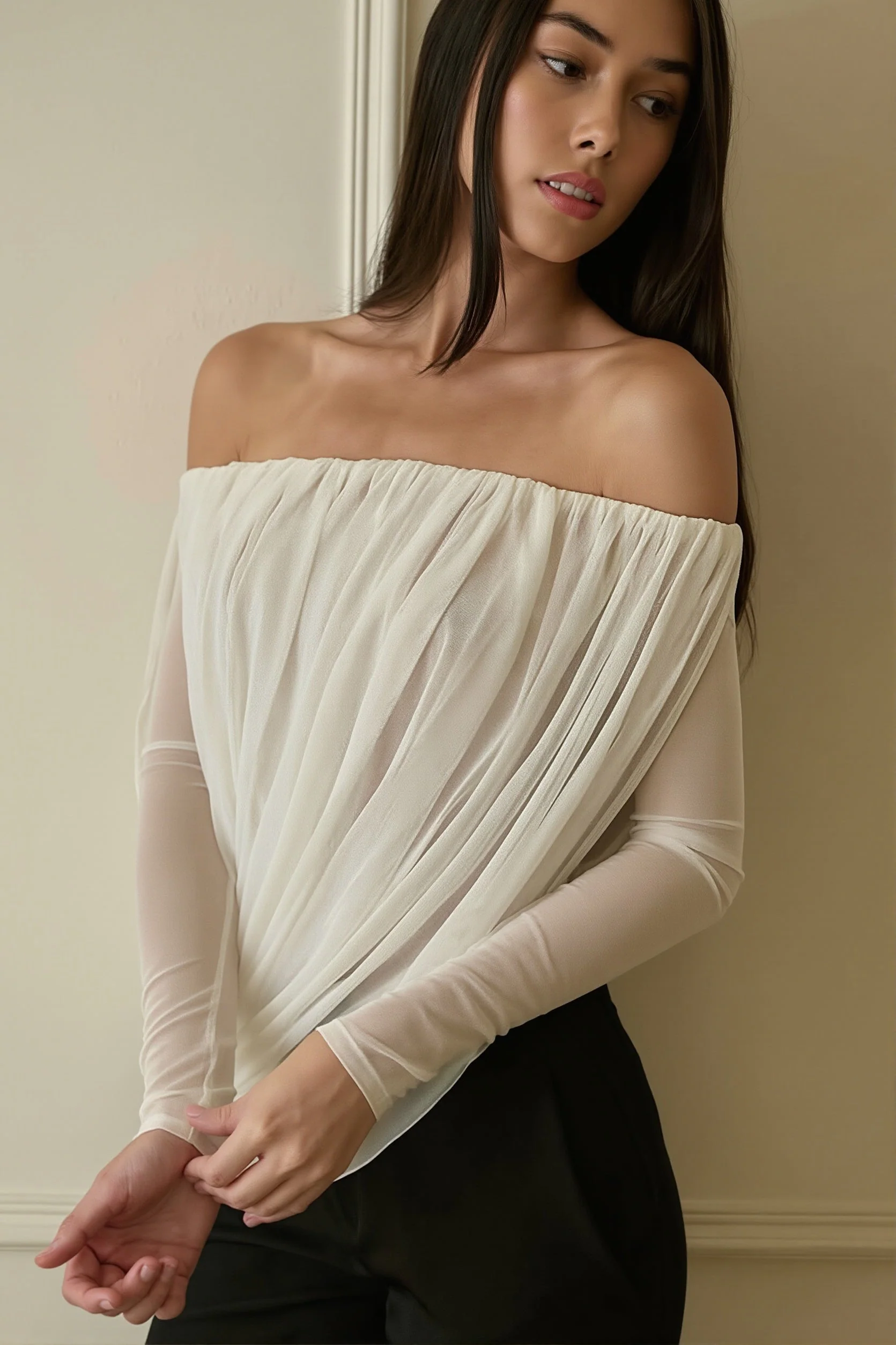 Off Shoulder Long Sleeve Ruched Strapless Sexy Blouse - Image 2