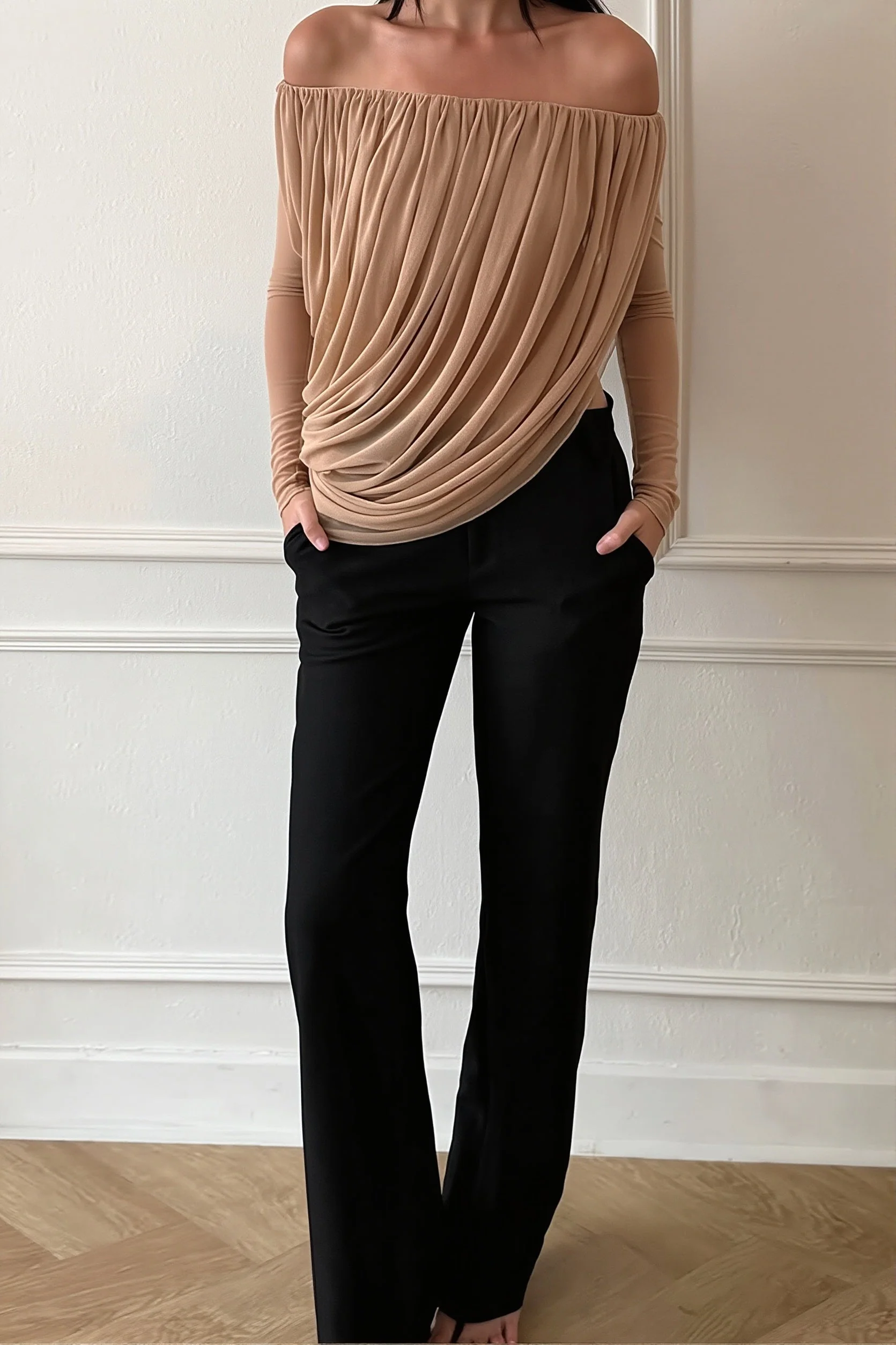 Off Shoulder Long Sleeve Ruched Strapless Sexy Blouse - Image 3