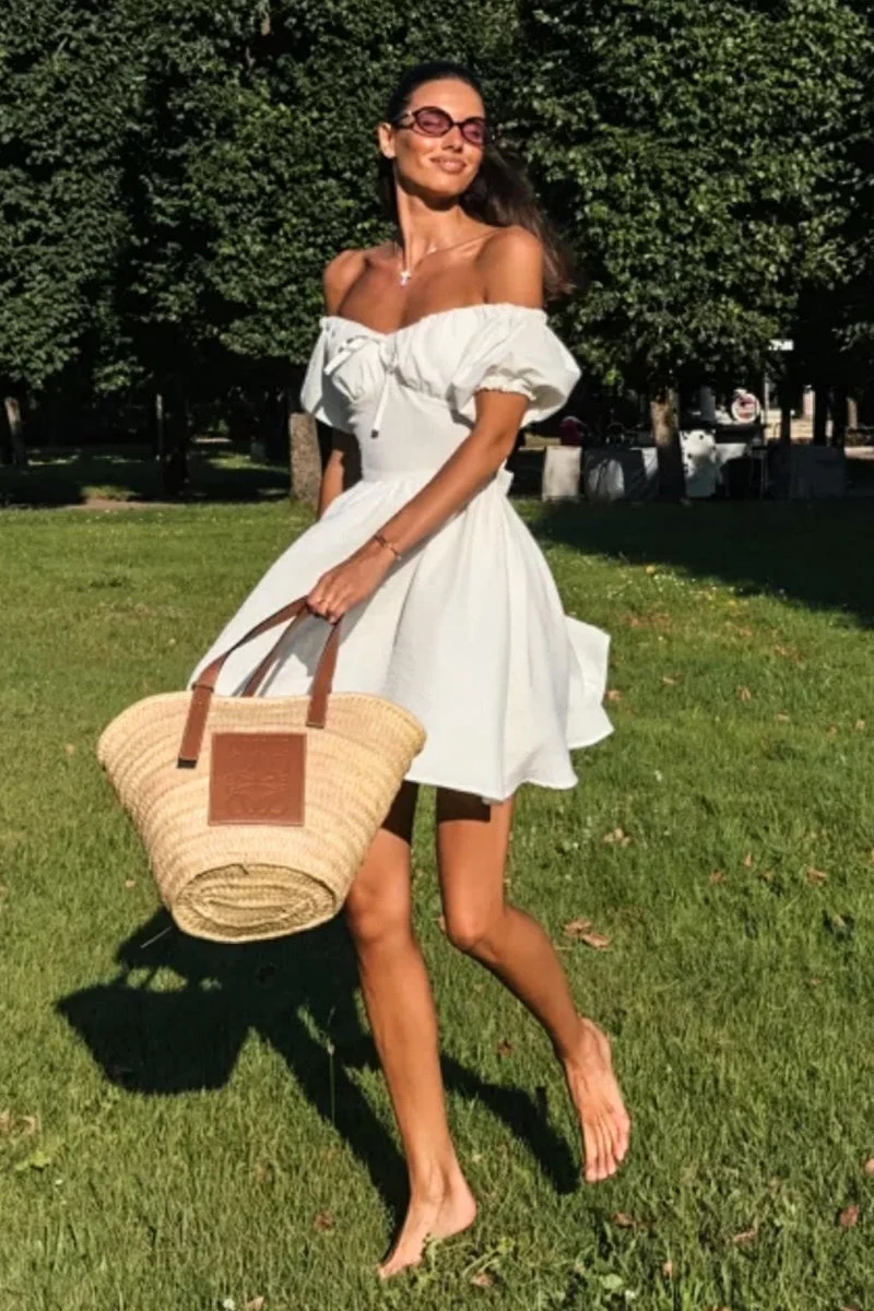 Off Shoulder Puff Sleeve Tie Mini Dress - Image 4