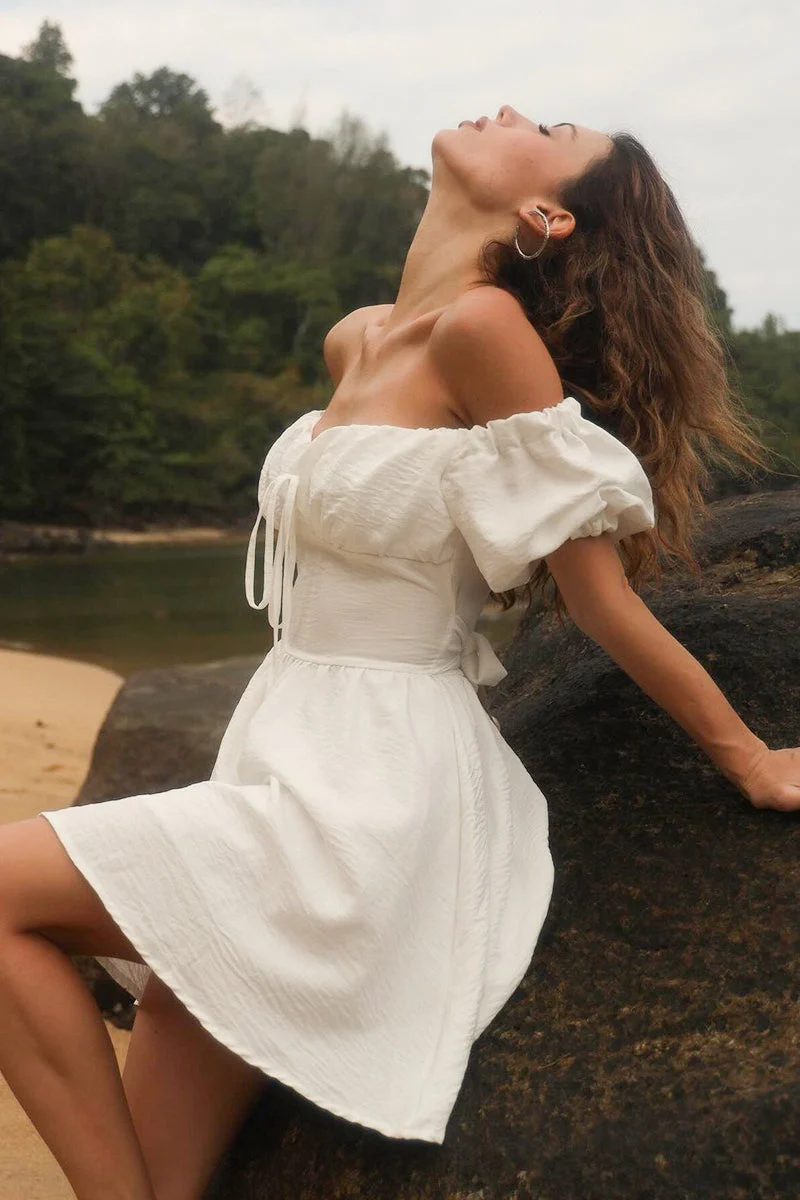Off Shoulder Puff Sleeve Tie Mini Dress - Image 6