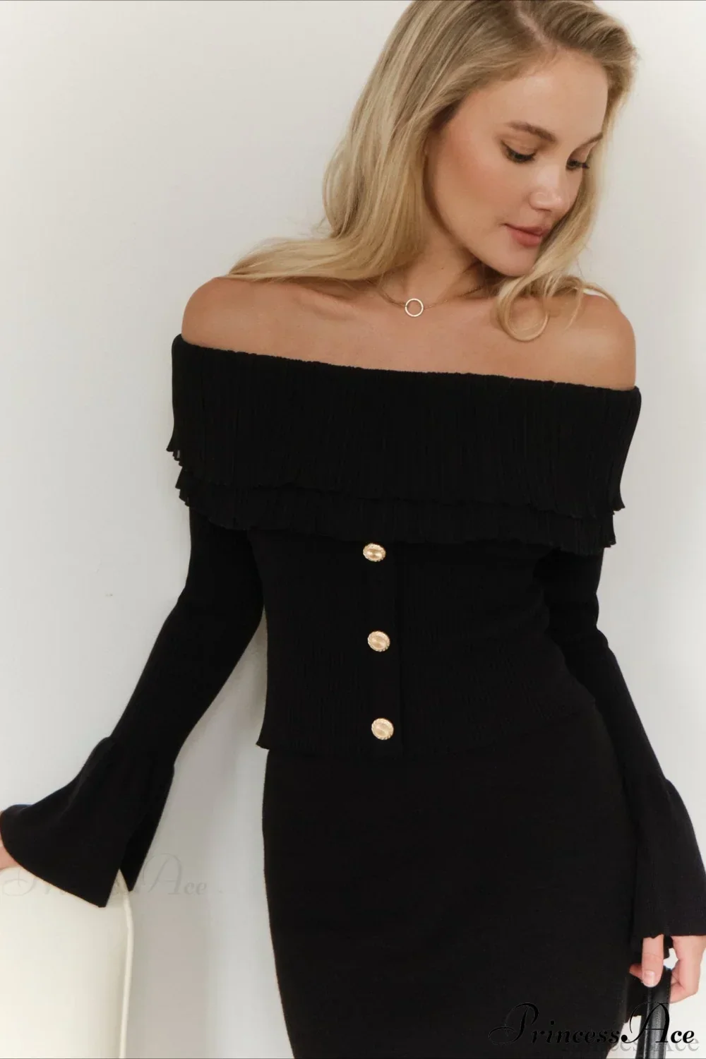 Off-the-Shoulder French Button-Panel Knit Sweater - Image 11