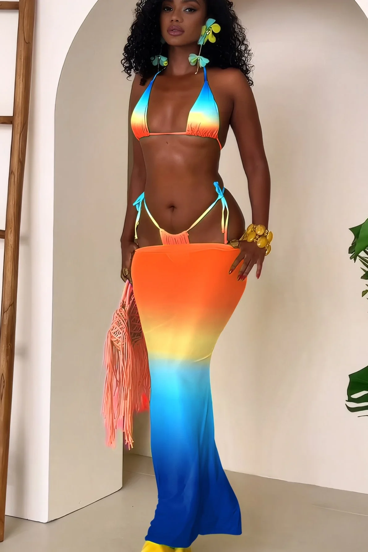 Ombre Halter Backless Three Piece Swim Set - Image 6