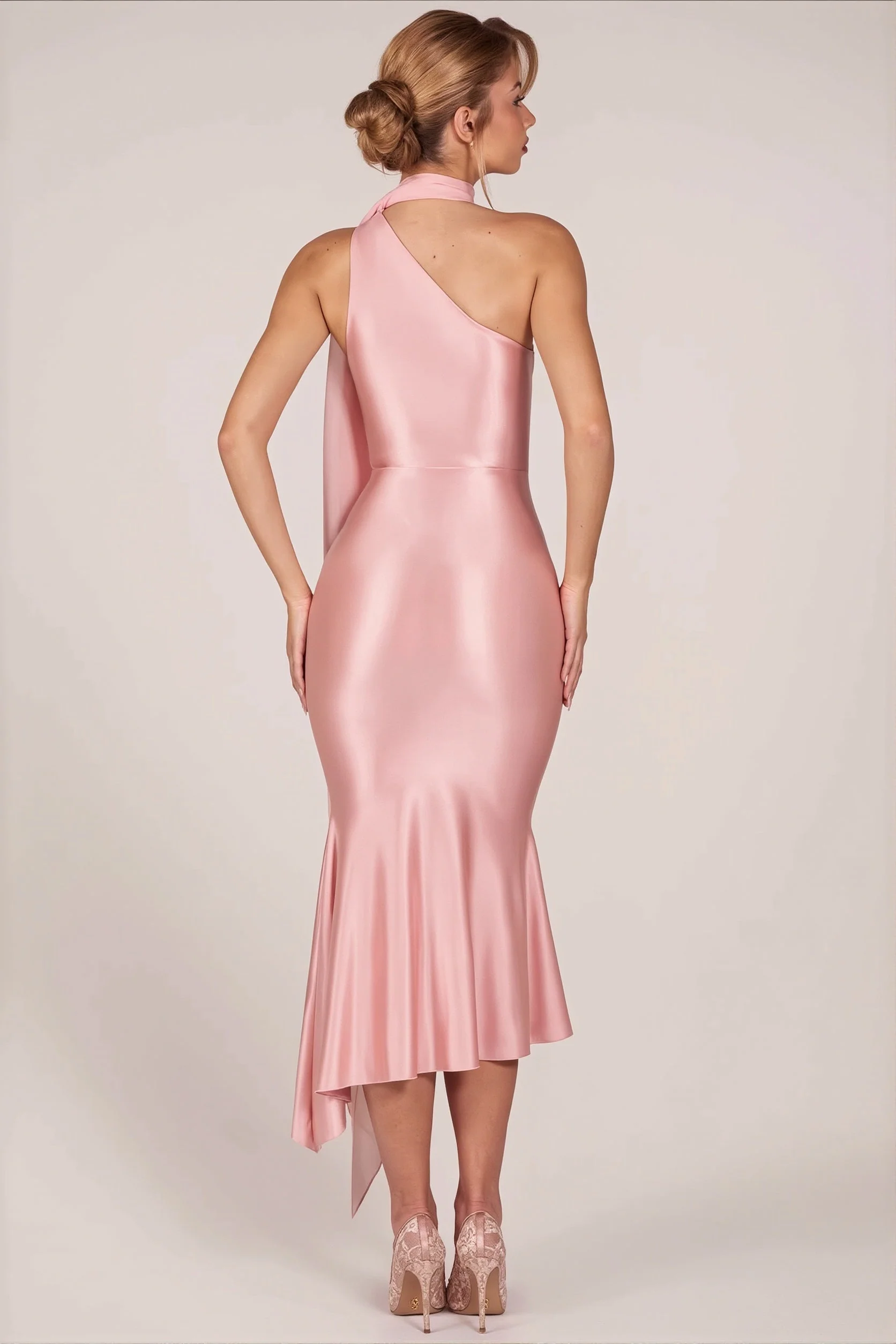 One Shoulder Mesh Satin Maxi Dress - Image 3